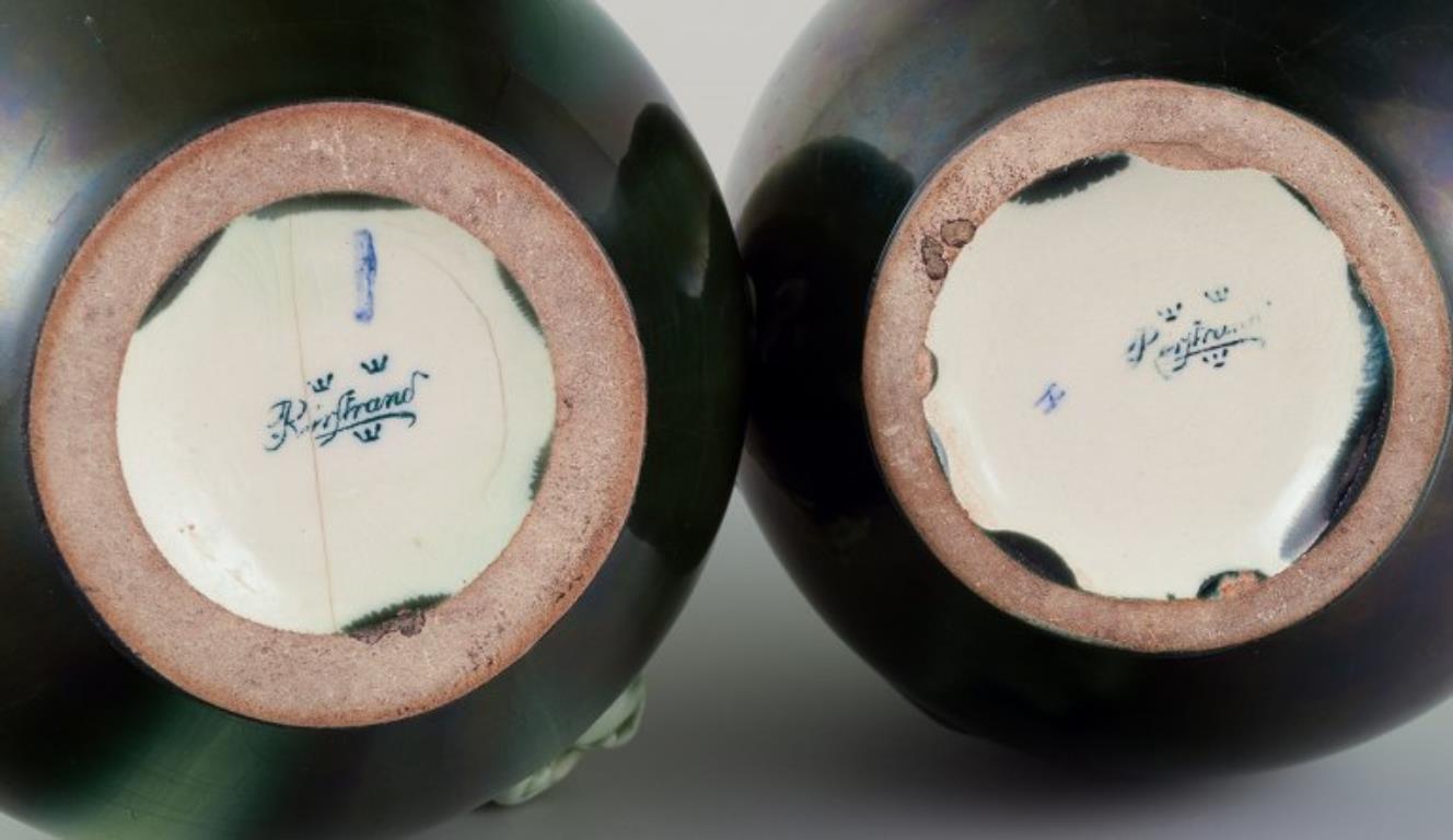 Pair of Rörstrand Art Nouveau faience vases. Relief motif of lizards. For Sale 2