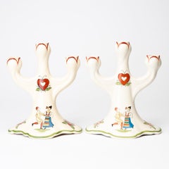 Pair of Rörstrand "Daldansen" Earthenware Candelabra, Swedish Folk Art Motif