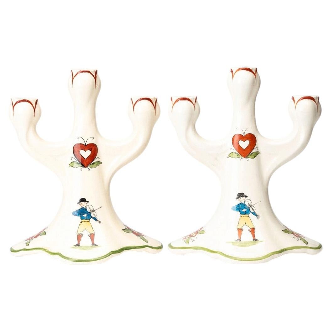 Pair of Rörstrand "Daldansen" Earthenware Candelabra, Swedish Folk Art Motif