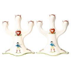 Pair of Rörstrand "Daldansen" Earthenware Candelabra, Swedish Folk Art Motif