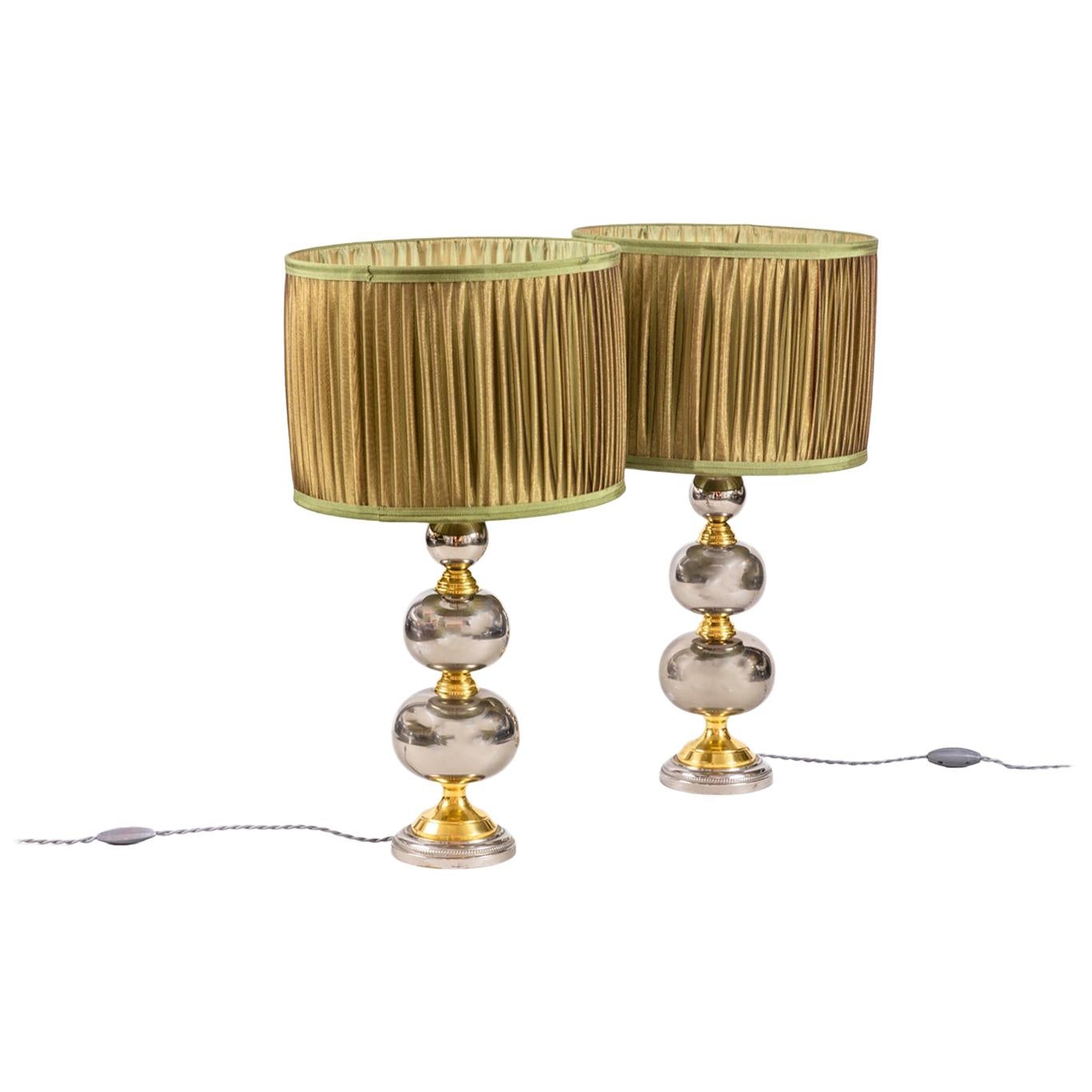 Pair of Rosary Lamps in Chromed and Gilt Metal, 1970s For Sale