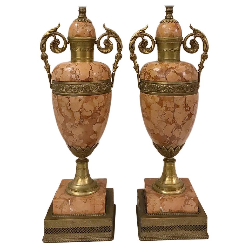 Pair of Rose Colored Marble and Bronze Table Lamps For Sale