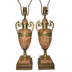 Pair of Rose Colored Marble and Bronze Table Lamps