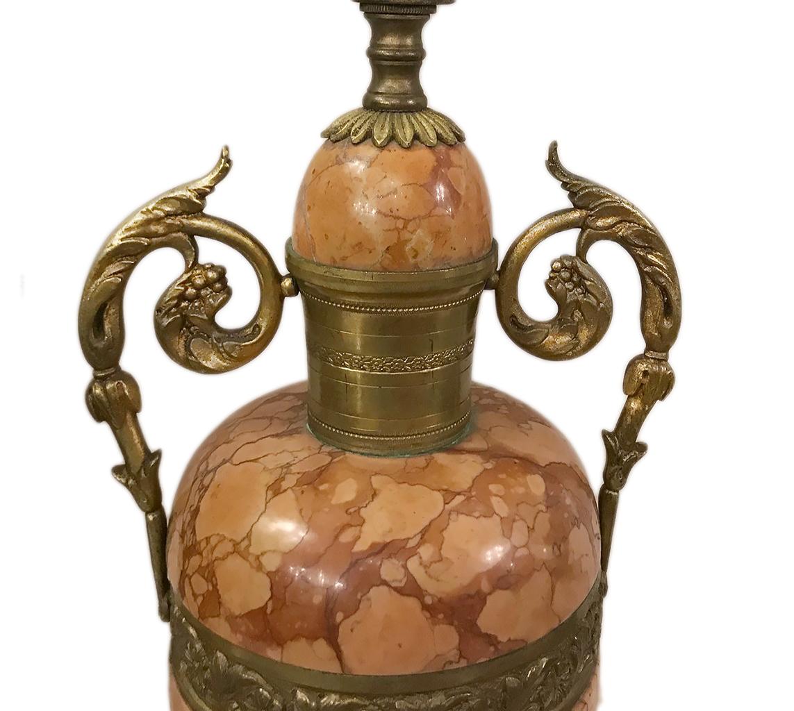 Early 20th Century Pair of Rose Colored Marble and Bronze Table Lamps For Sale