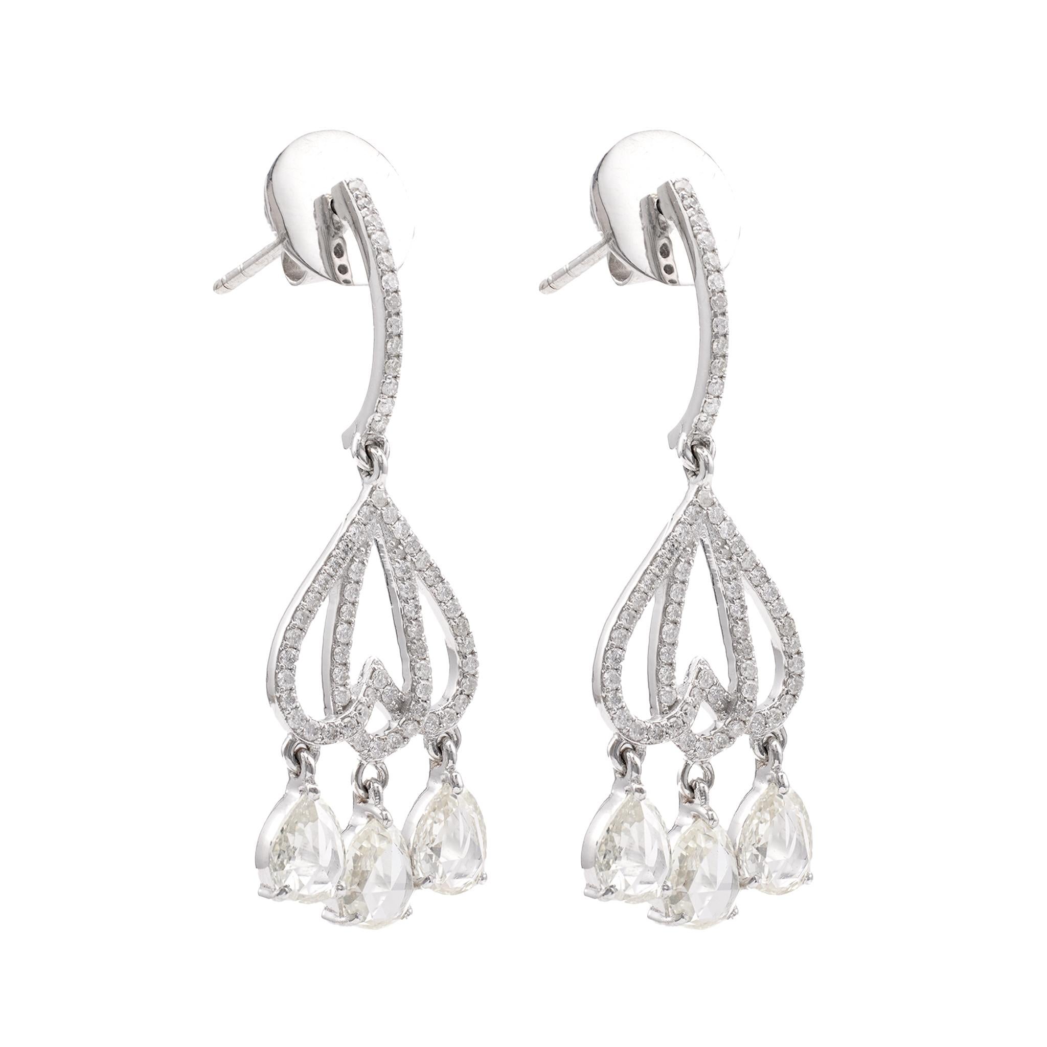 Pair of Rose Cut Diamond Platinum Dangle Earrings For Sale 1