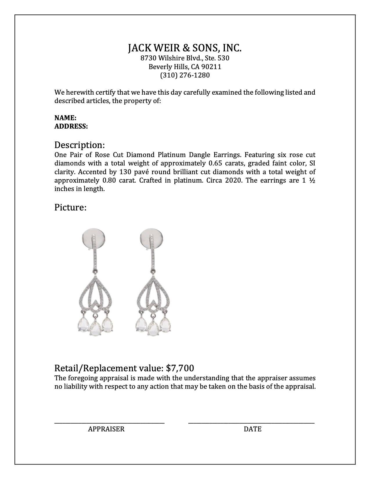 Pair of Rose Cut Diamond Platinum Dangle Earrings For Sale 2