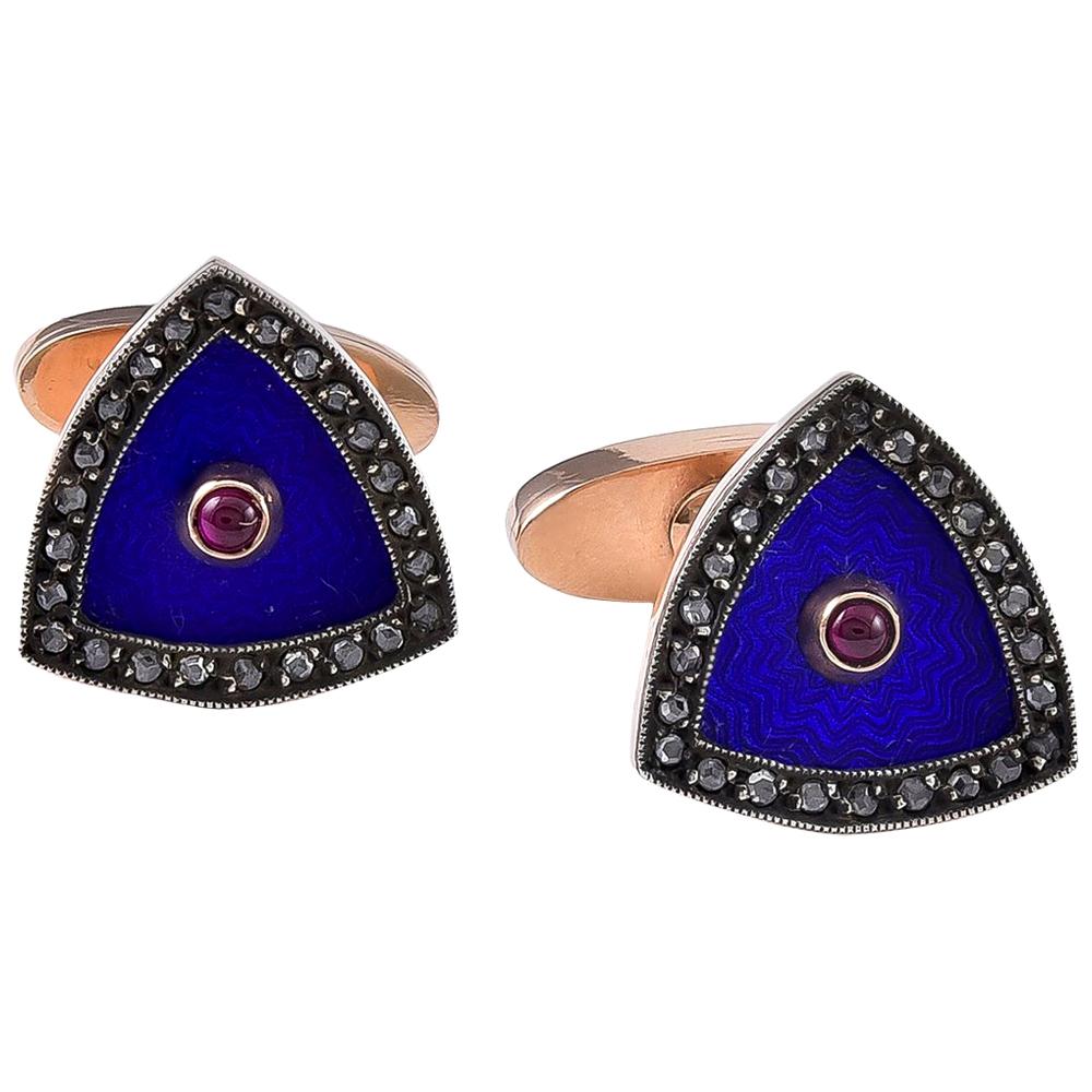 Pair of Rose Diamond, Ruby and Enamel Cuff Links by August Hollming for Faberge For Sale