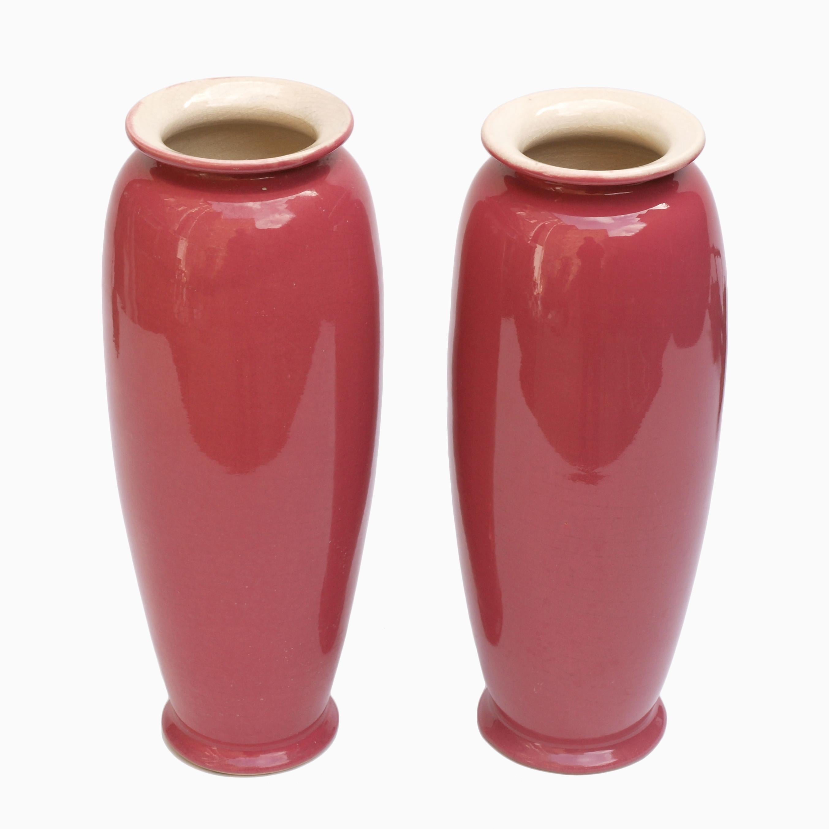 Pair of Rose Glazed Christopher Dresser Vases by Ault Pottery, 1890s 1