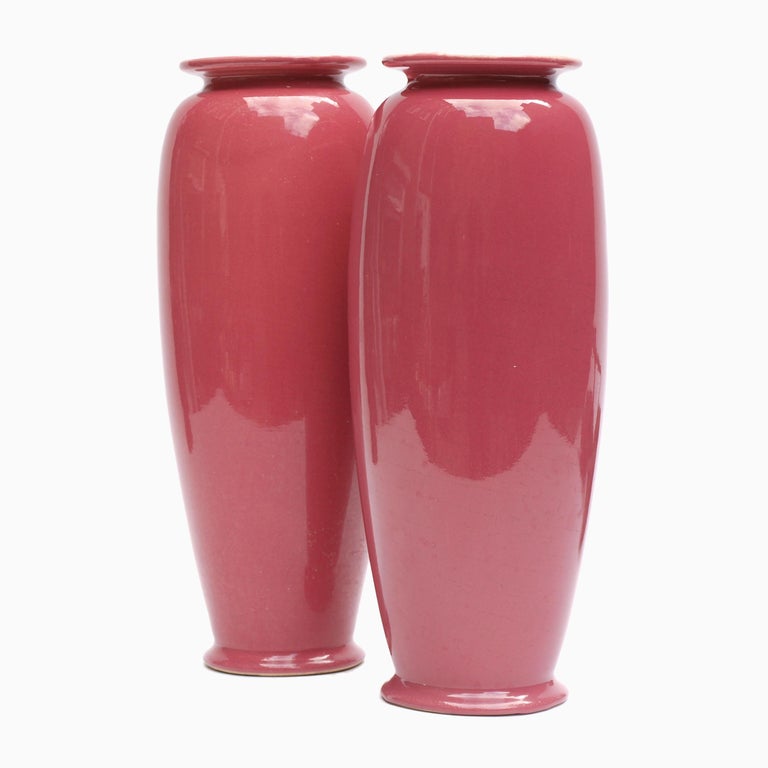Pair of Rose Glazed Christopher Dresser Vases by Ault Pottery, 1890s at