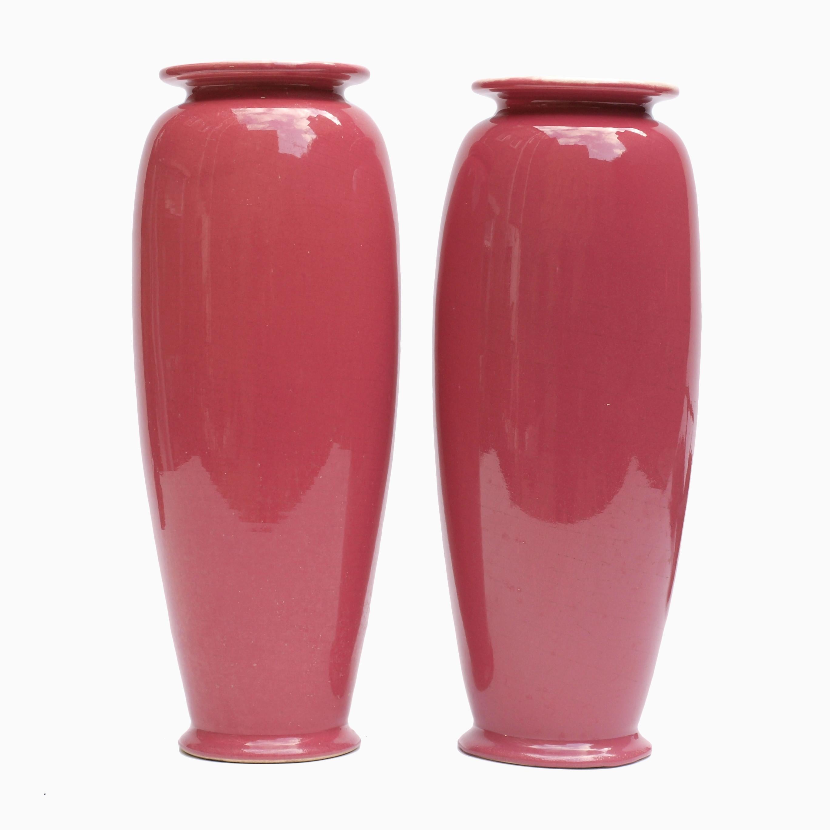Arts and Crafts Pair of Rose Glazed Christopher Dresser Vases by Ault Pottery, 1890s