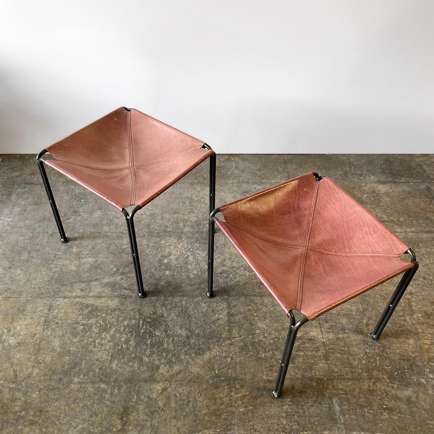Pair of Rose Leather & Iron Sling Stools In Good Condition For Sale In Los Angeles, CA