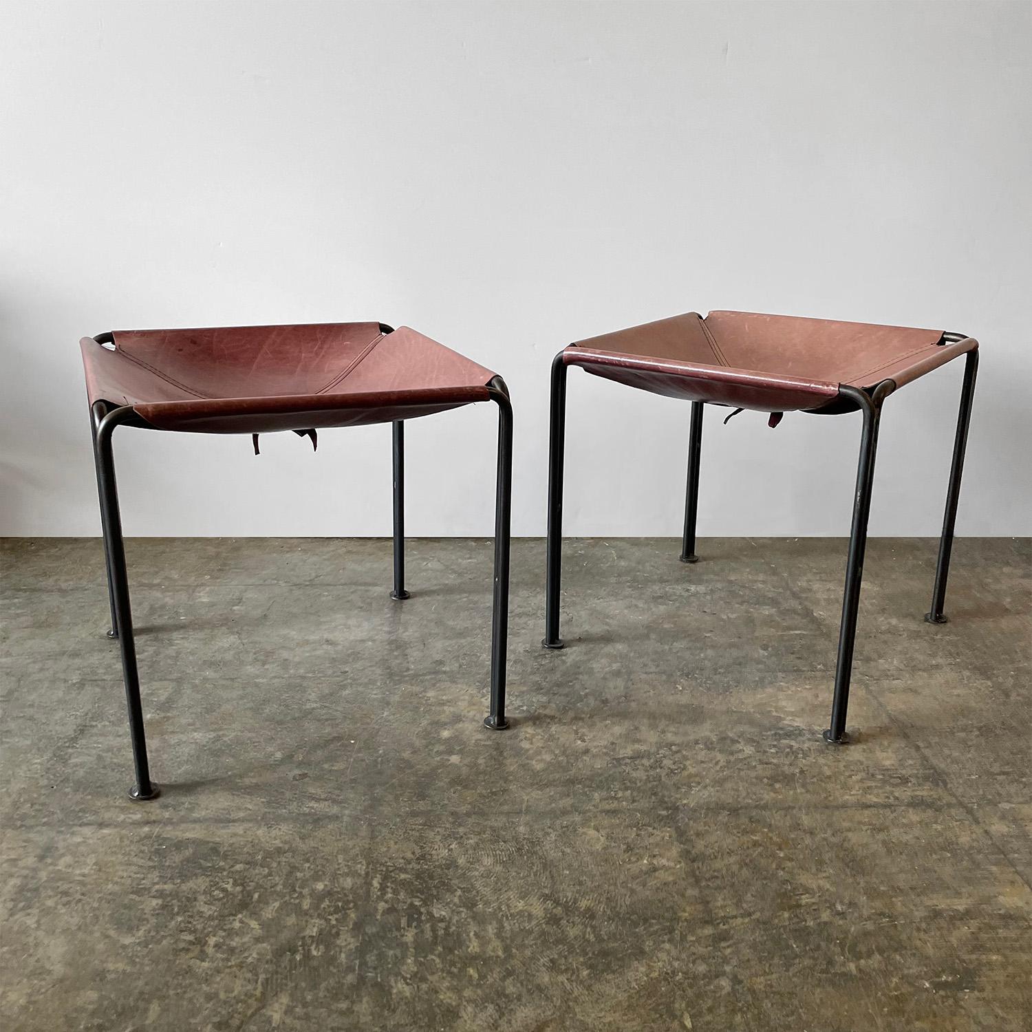 Pair of Rose Leather & Iron Sling Stools For Sale 3