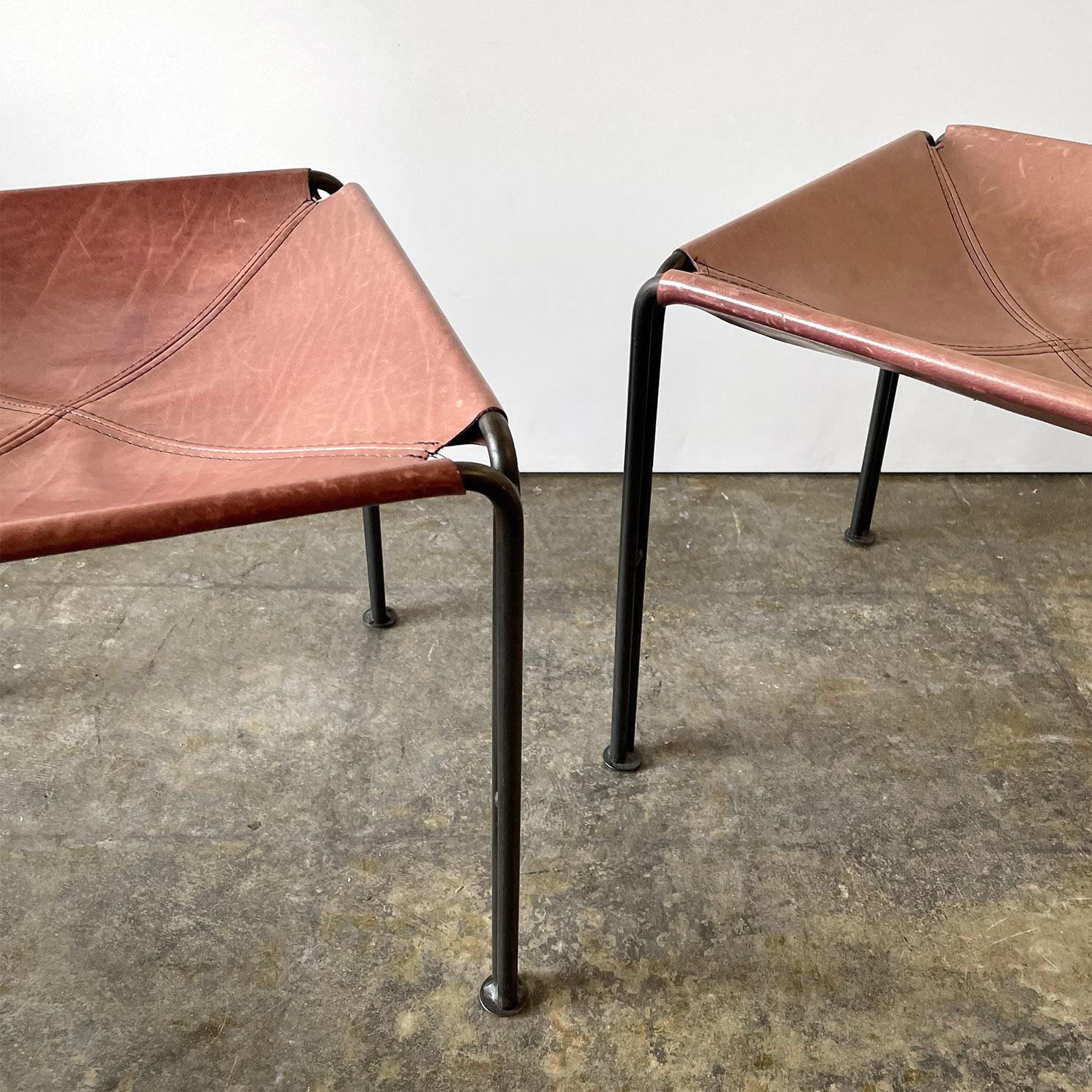 Pair of Rose Leather & Iron Sling Stools For Sale 4