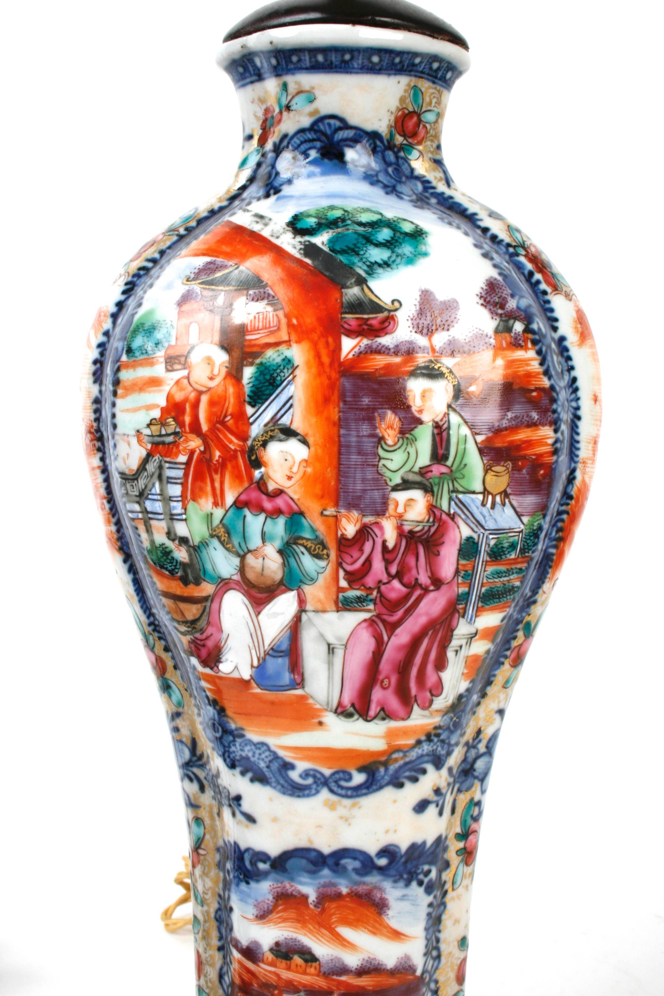 Polychromed Pair of Rose Mandarin Chinese Export Vases Now as Lamps, c1800