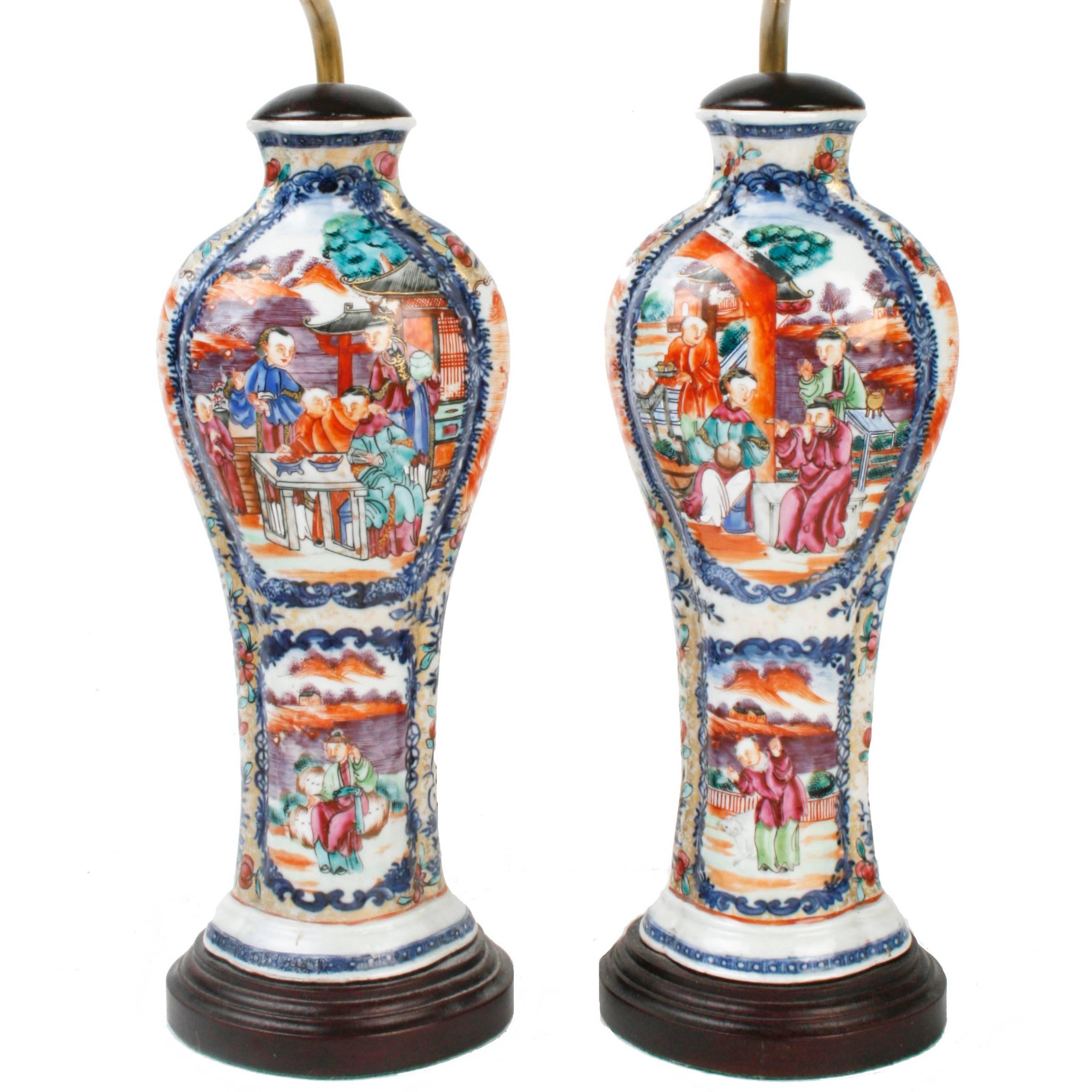 Pair of Rose Mandarin Chinese Export Vases Now as Lamps, c1800