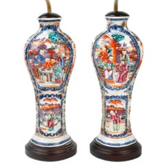 Pair of Rose Mandarin Chinese Export Vases Now as Lamps, c1800