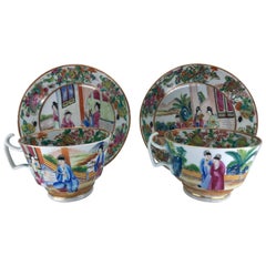 Pair of Rose Mandarin Chinese Porcelain Cups and Saucers