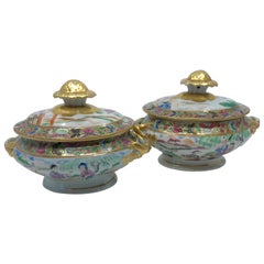 Pair of Rose Mandarin Chinese Porcelain Sauce Tureens