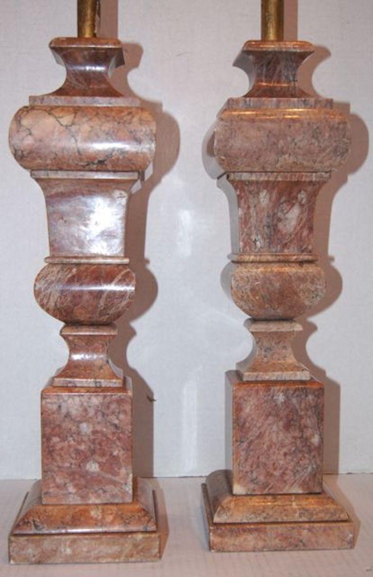 Hand-Carved Pair of Rose Marble Lamps For Sale