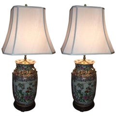Pair of Rose Medallion Chinese Lamps with Silk Shades, 20th Century