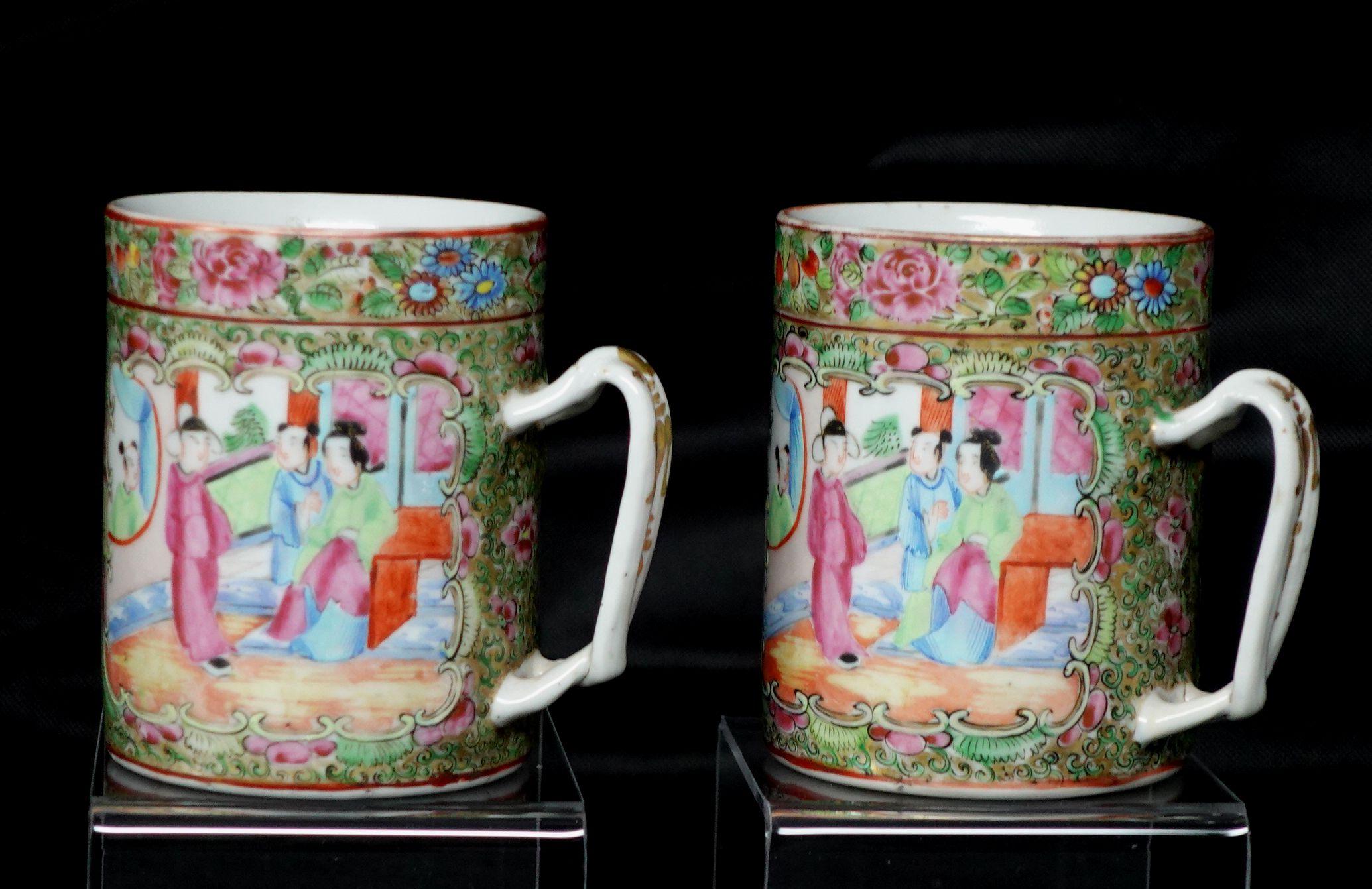 Rare early pair of Rose Medallion Export porcelain mugs, China, 19th century.
 