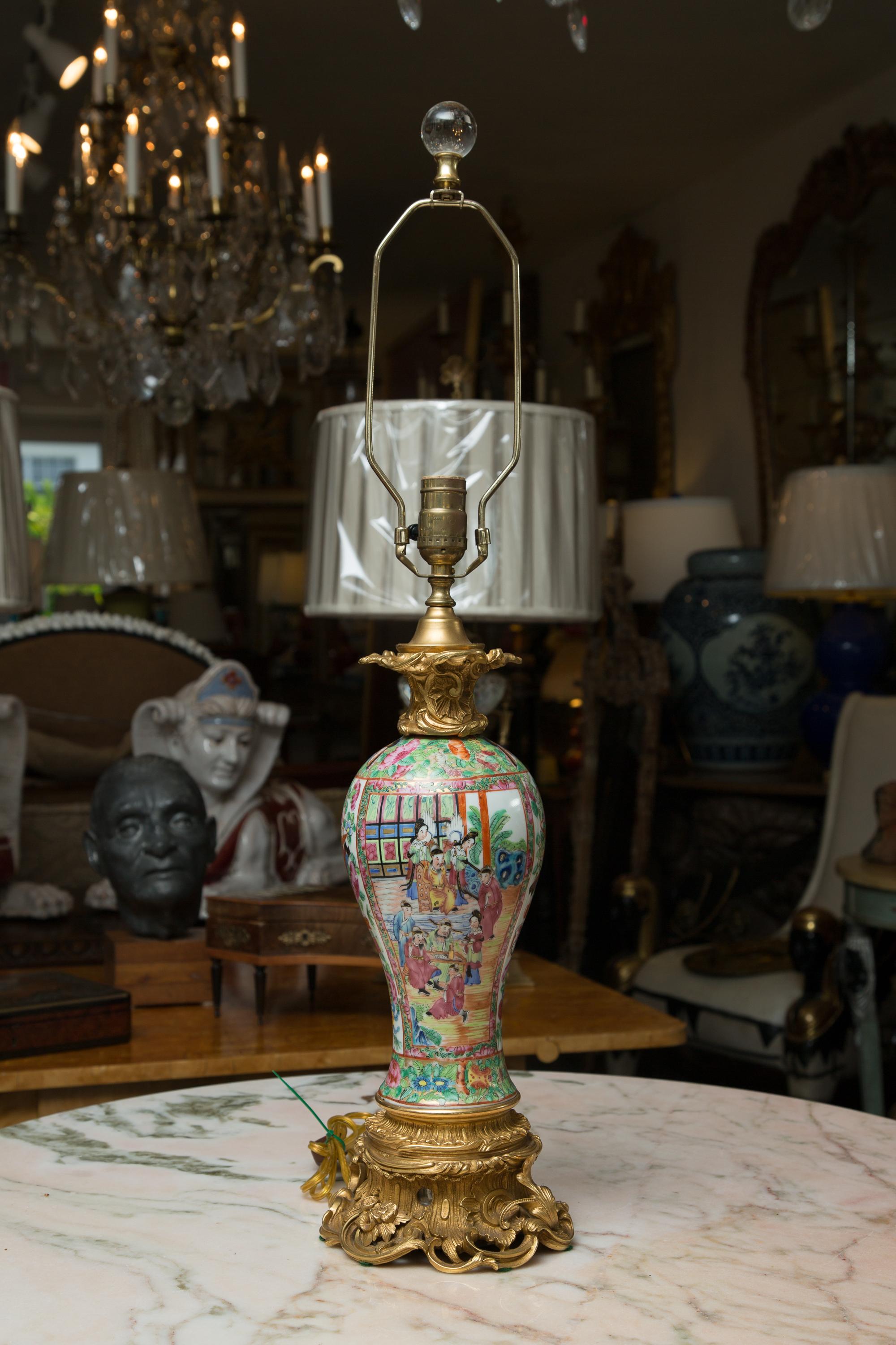 Exquisite pair of Rose Medallion vases as table lamps.