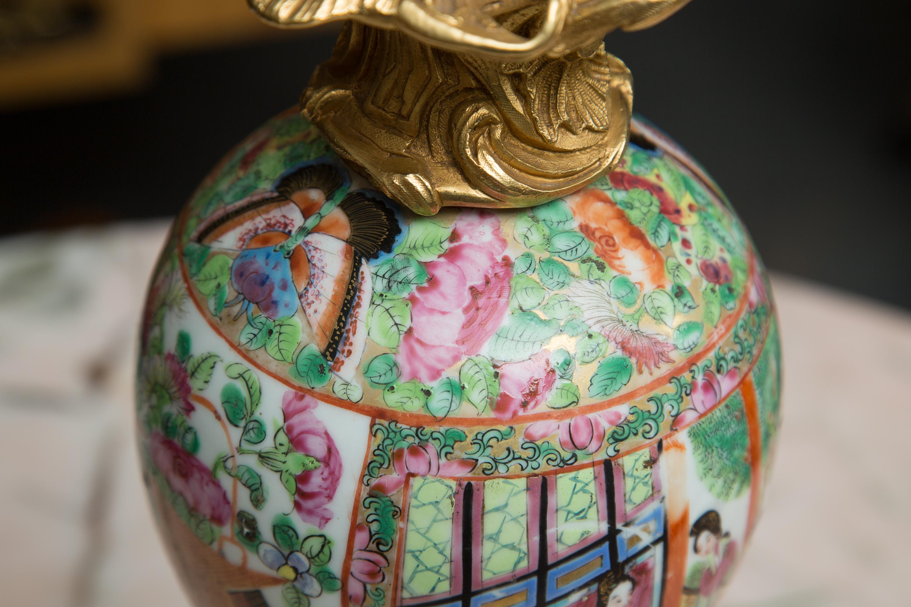 Chinese Pair of Rose Medallion Vases as Table Lamps