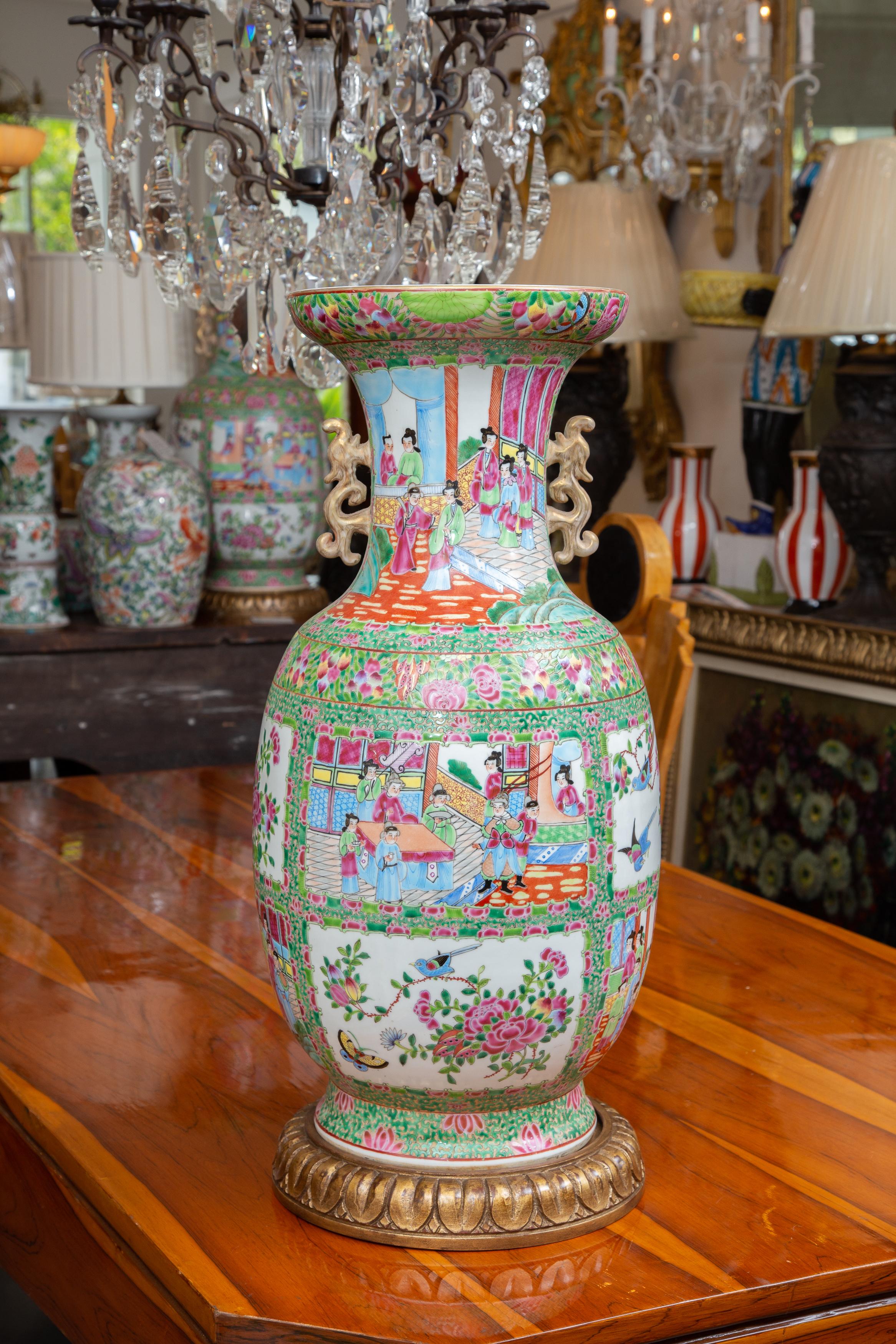 Pair of Rose Medallion Vases on Carved Gilt Base. Sold.  1