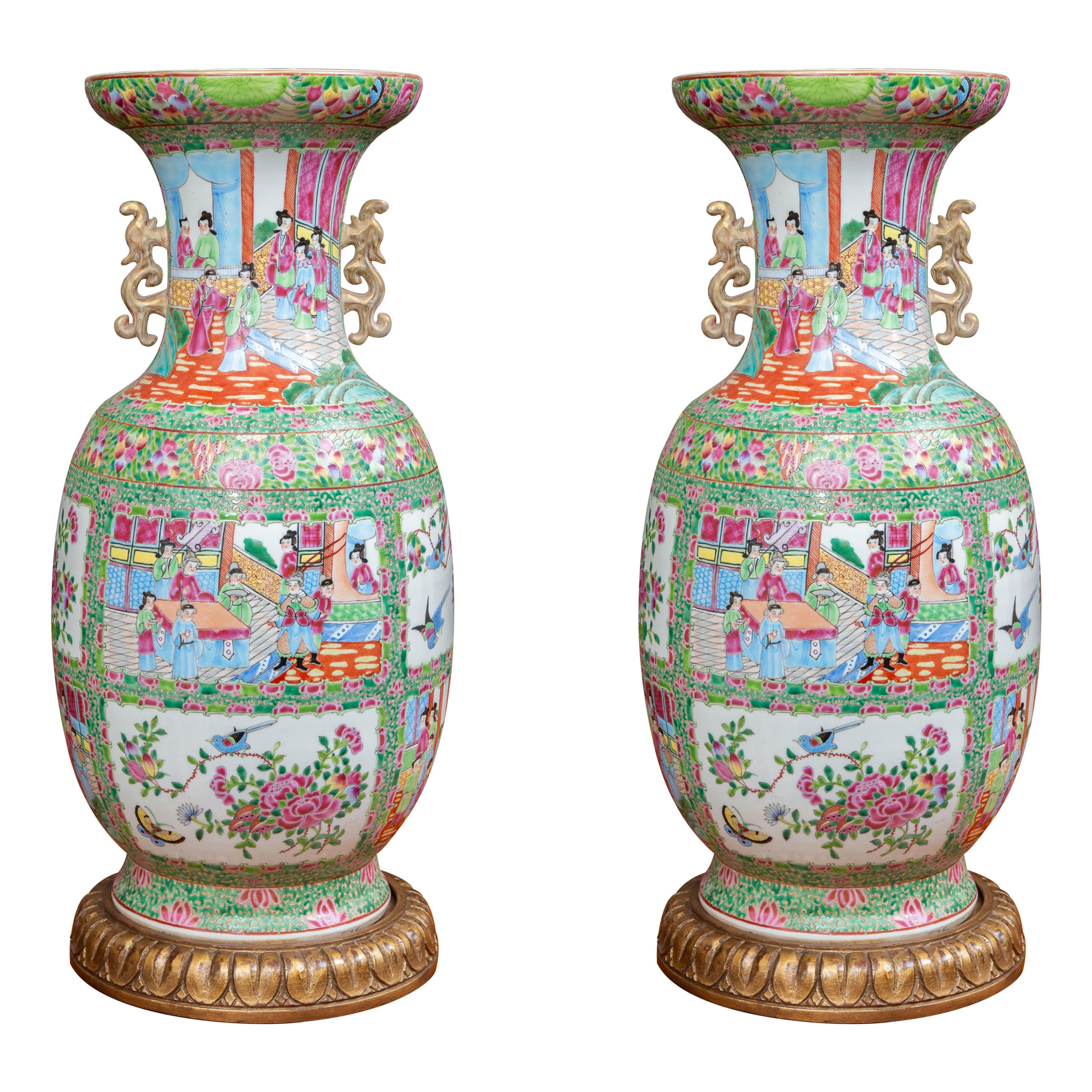 Pair of Rose Medallion Vases on Carved Gilt Base. Sold. 
