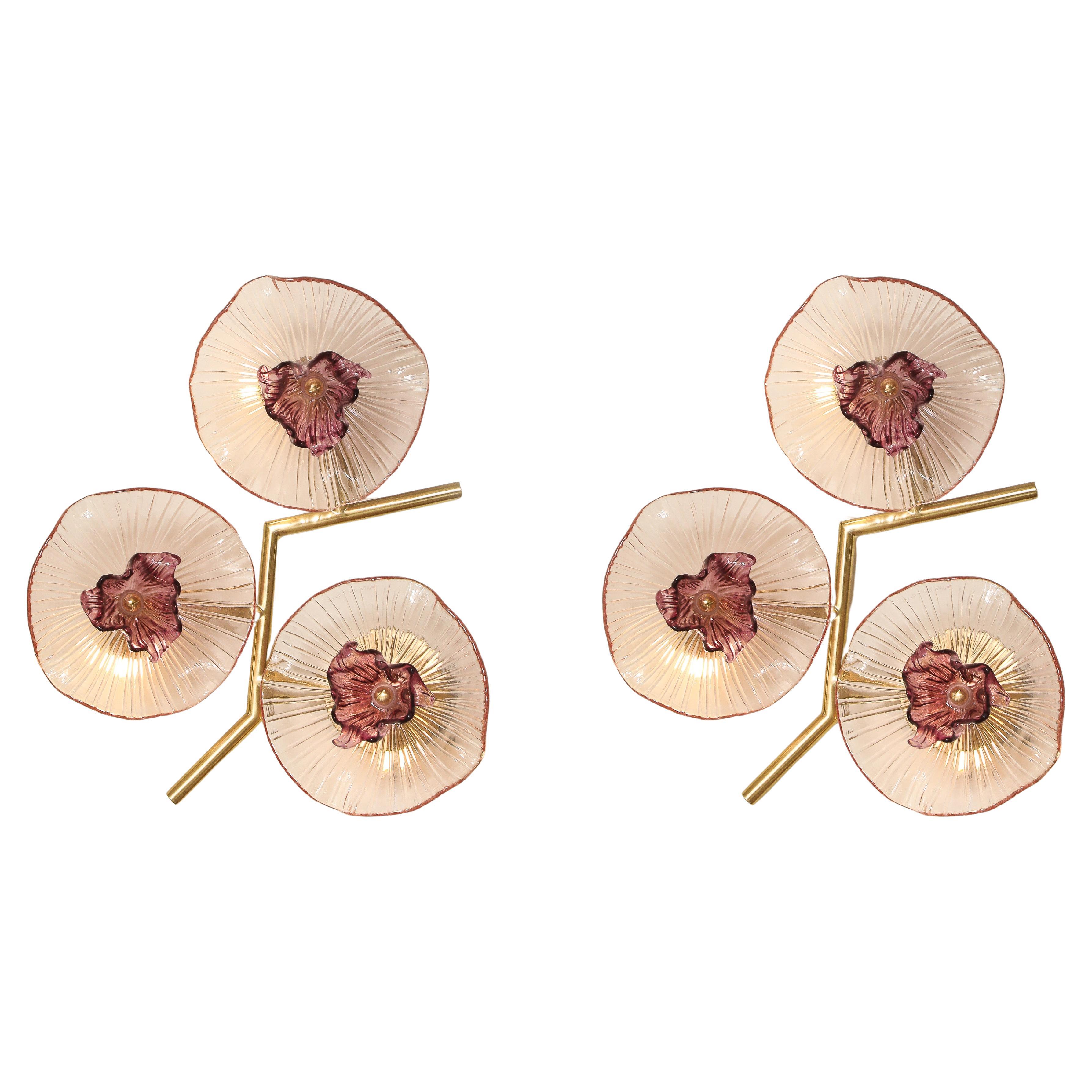 Pair of Rose Pink Murano "Flower" Floral Glass and Brass Sconces, Italy
