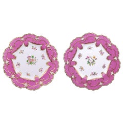 Pair of Rose Pompadour Floral Staffordshire Plates, circa 1890