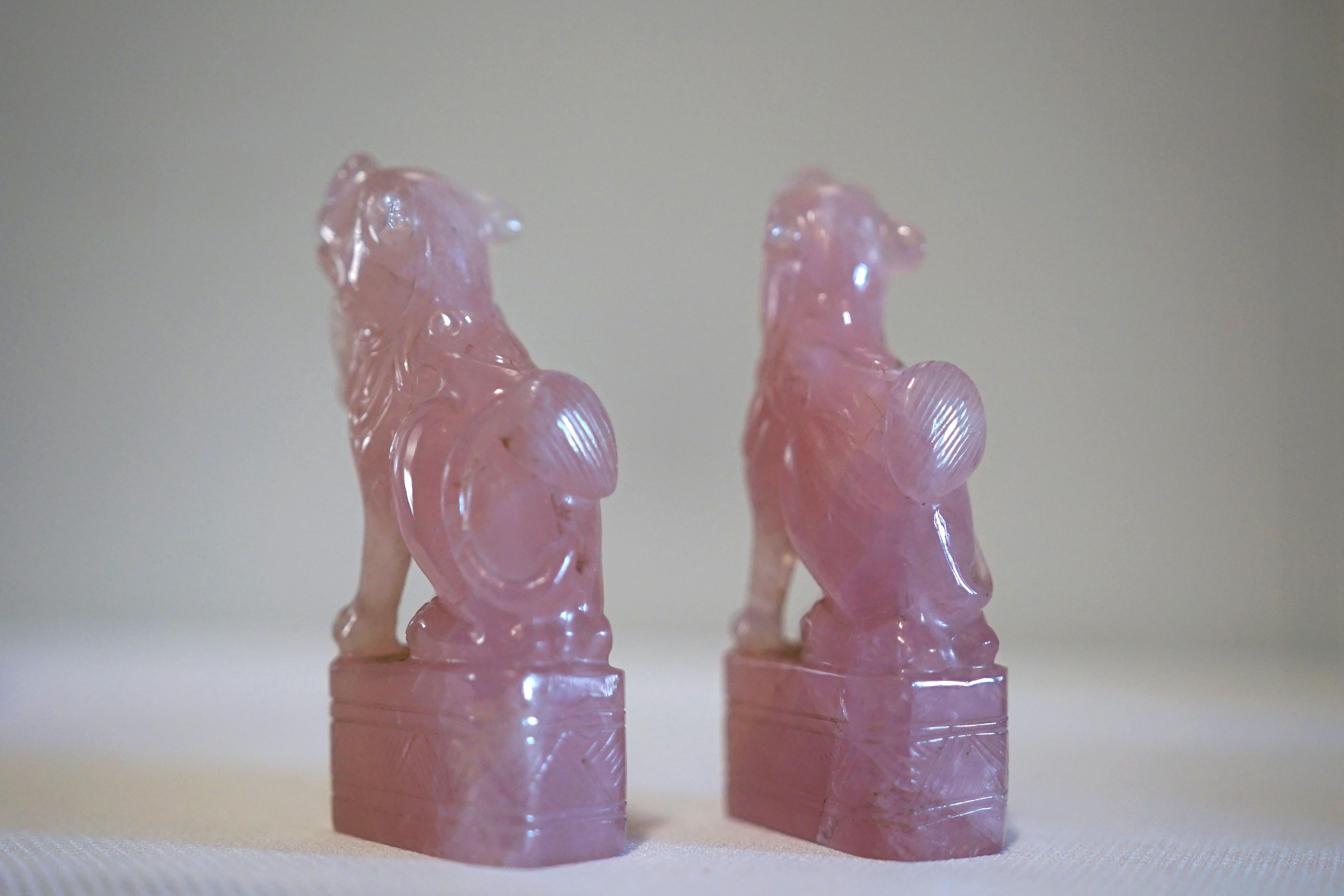 Pair of Rose Quartz Chinese Guardian Foo Dogs, Fu Lions For Sale 4