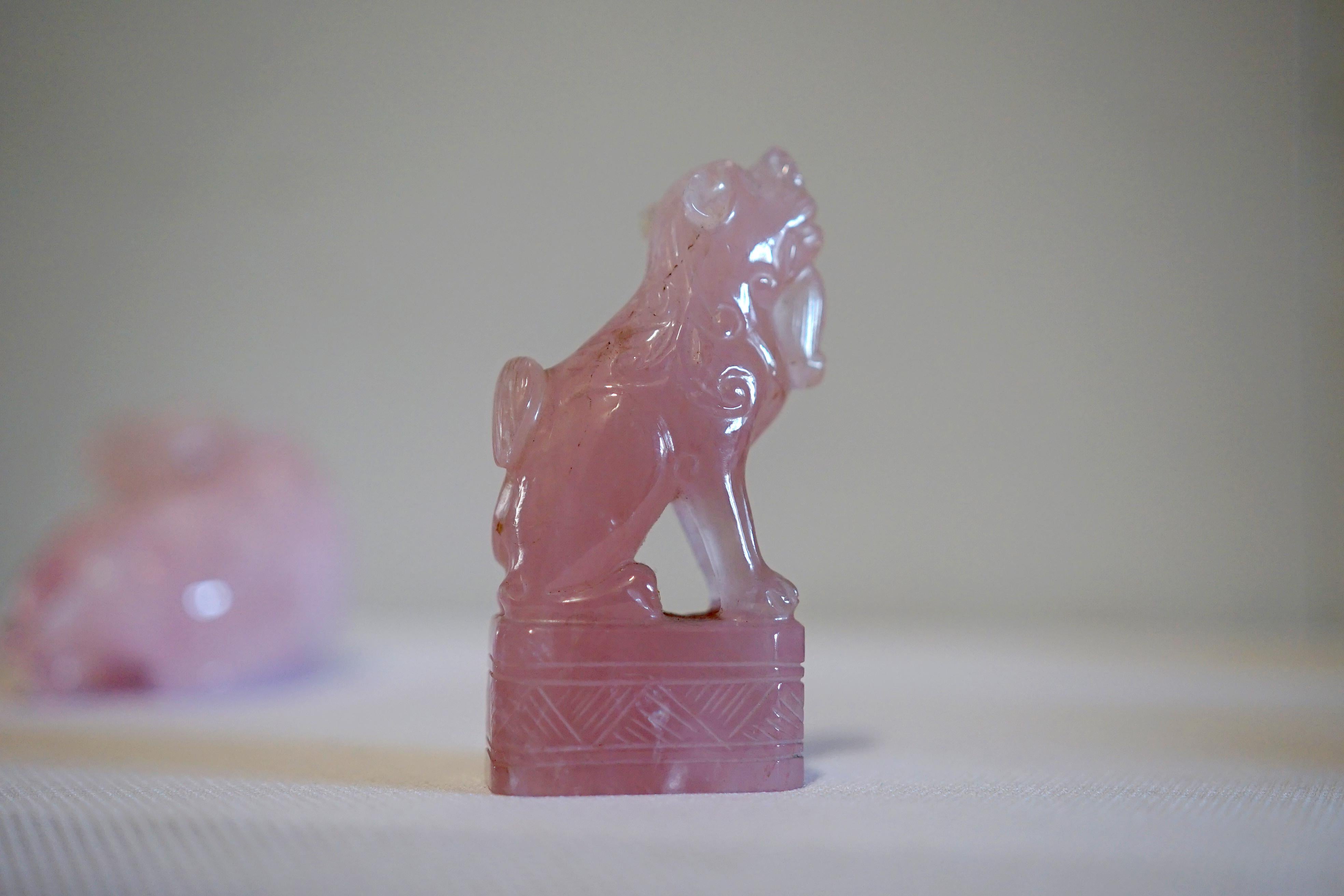 Hand-Carved Pair of Rose Quartz Chinese Guardian Foo Dogs, Fu Lions For Sale