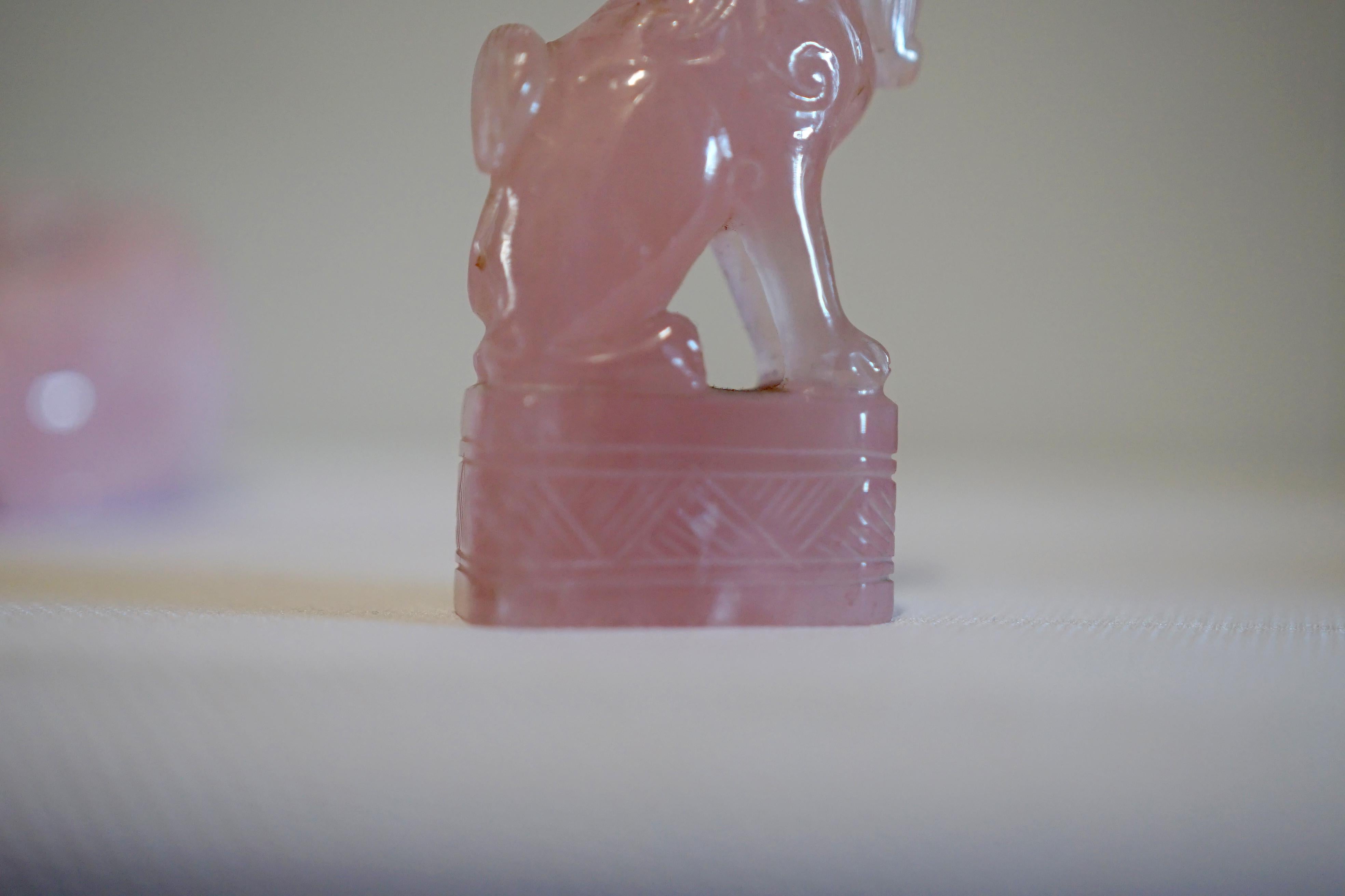 Pair of Rose Quartz Chinese Guardian Foo Dogs, Fu Lions For Sale 1