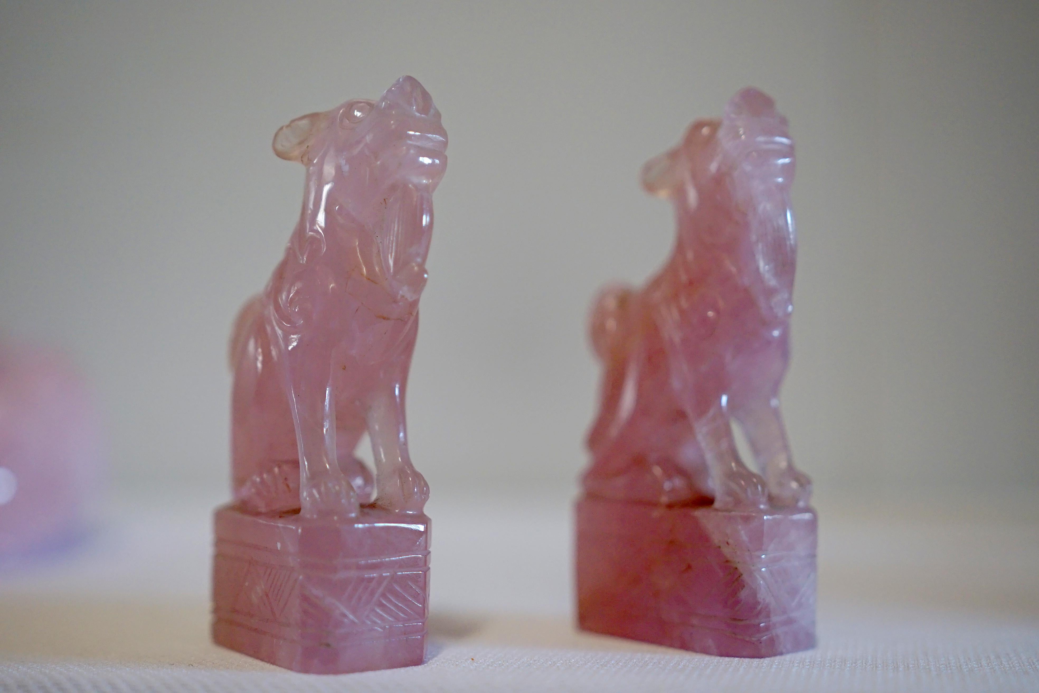 Pair of Rose Quartz Chinese Guardian Foo Dogs, Fu Lions For Sale 2