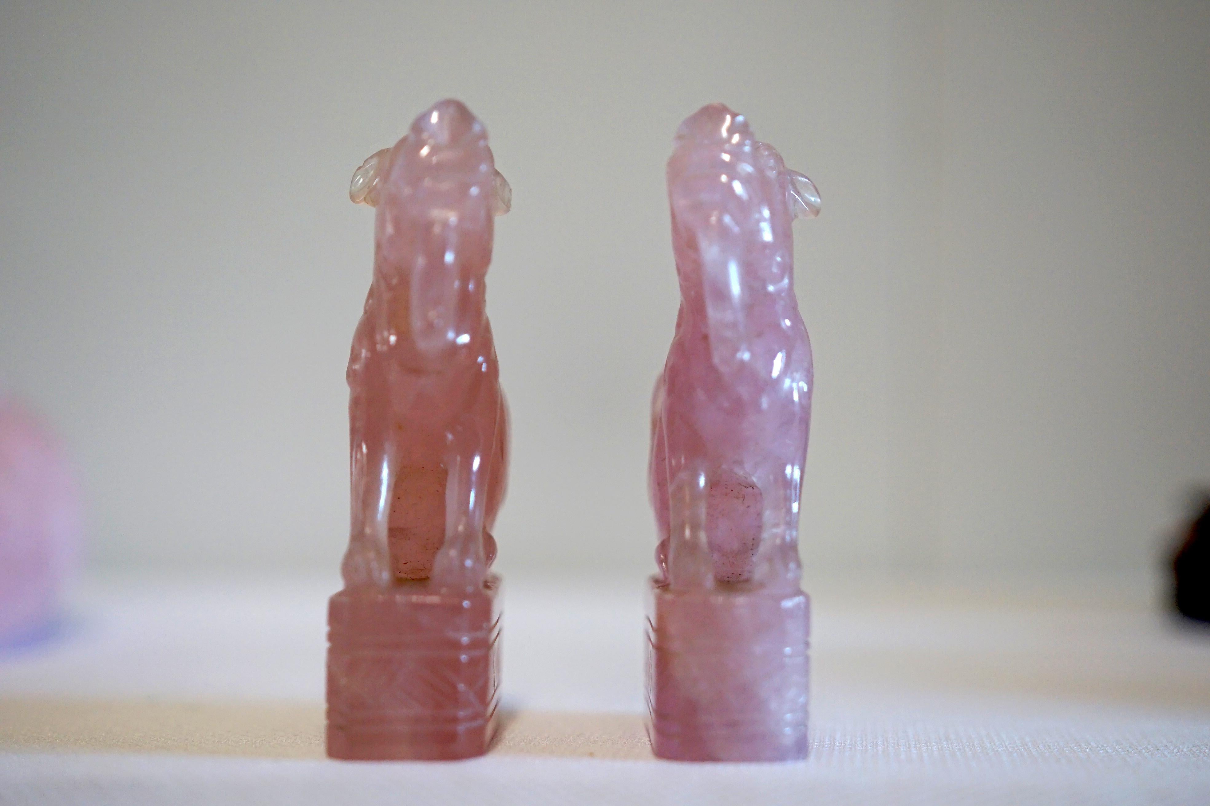 Pair of Rose Quartz Chinese Guardian Foo Dogs, Fu Lions For Sale 3