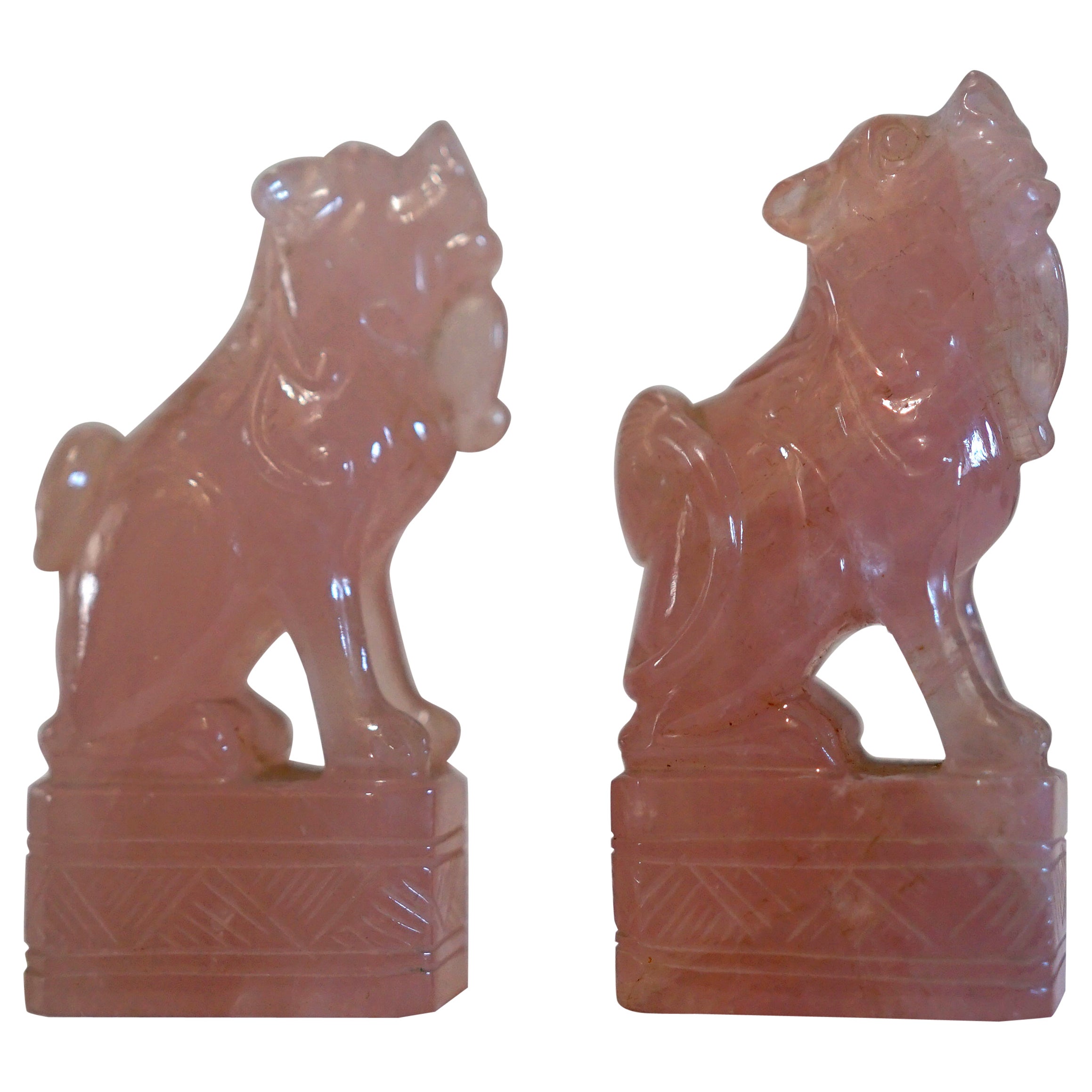 Pair of Rose Quartz Chinese Guardian Foo Dogs, Fu Lions For Sale