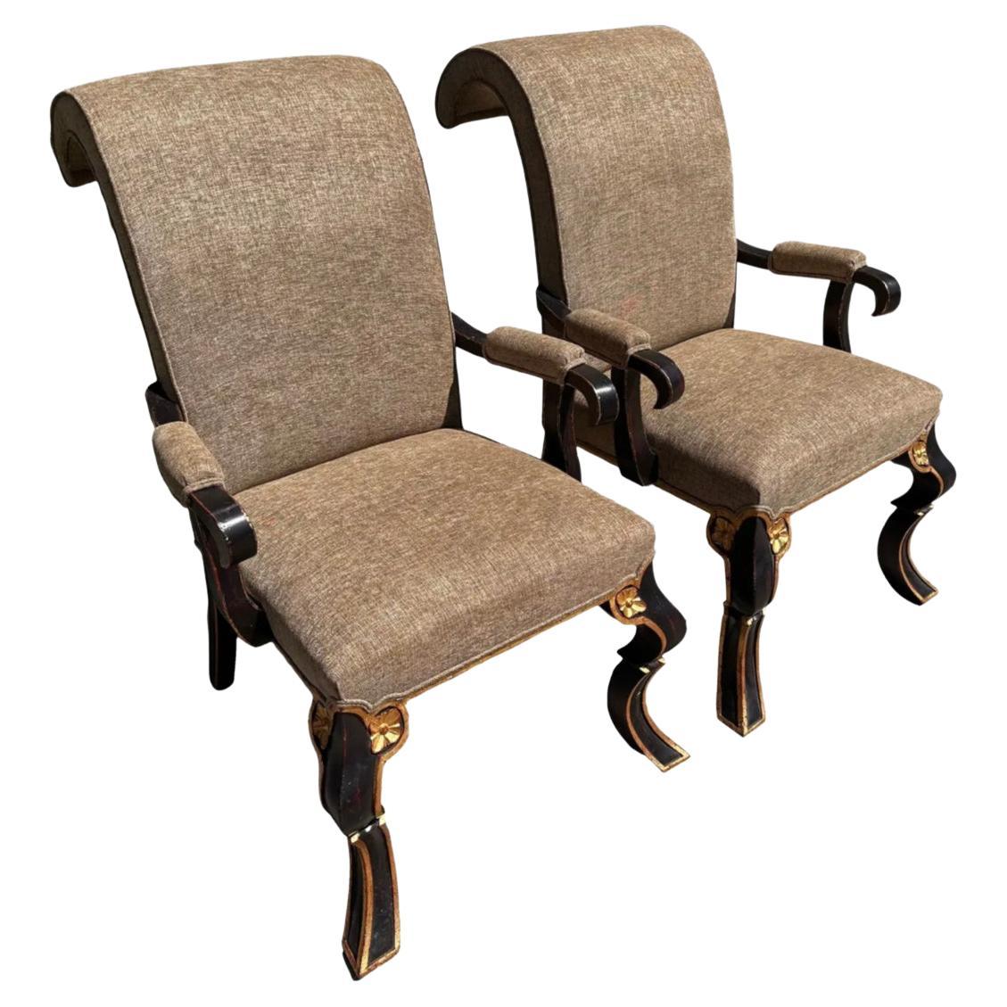 Pair of Rose Tarlow Black Chinoiserie Scroll Back Puccini Arm Chairs For Sale