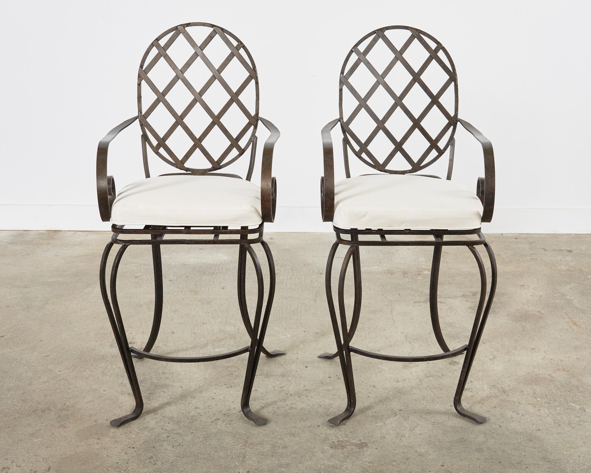 Neoclassical Pair of Rose Tarlow Style Iron Garden Swivel Bar Stools For Sale