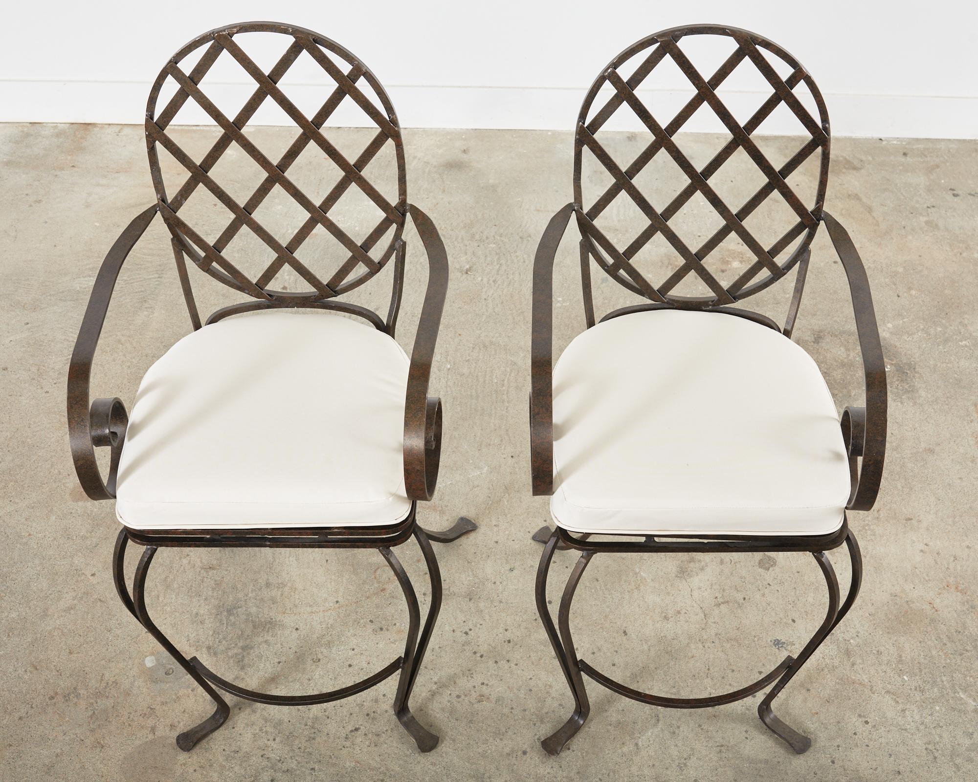 American Pair of Rose Tarlow Style Iron Garden Swivel Bar Stools For Sale