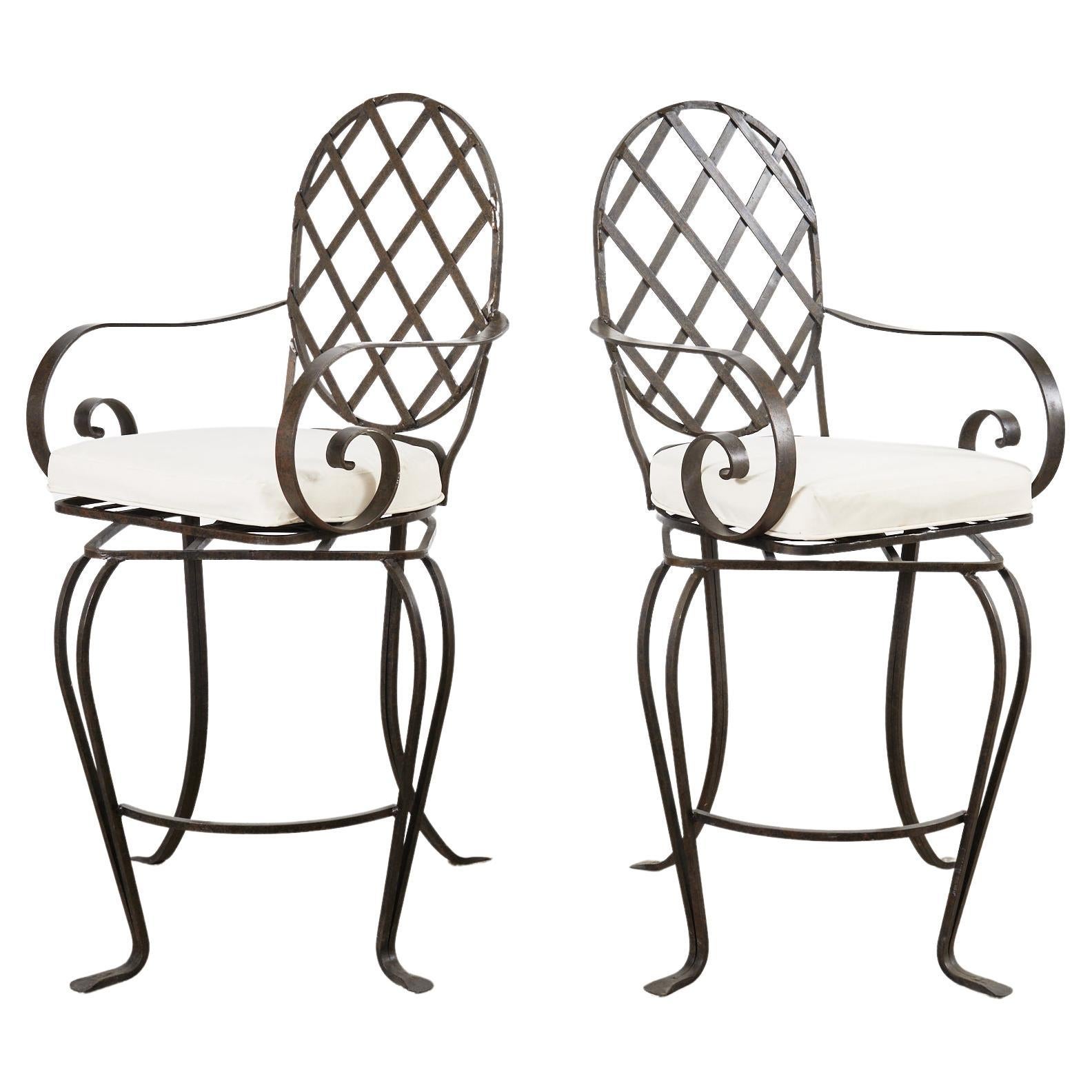 Pair of Rose Tarlow Style Iron Garden Swivel Bar Stools For Sale