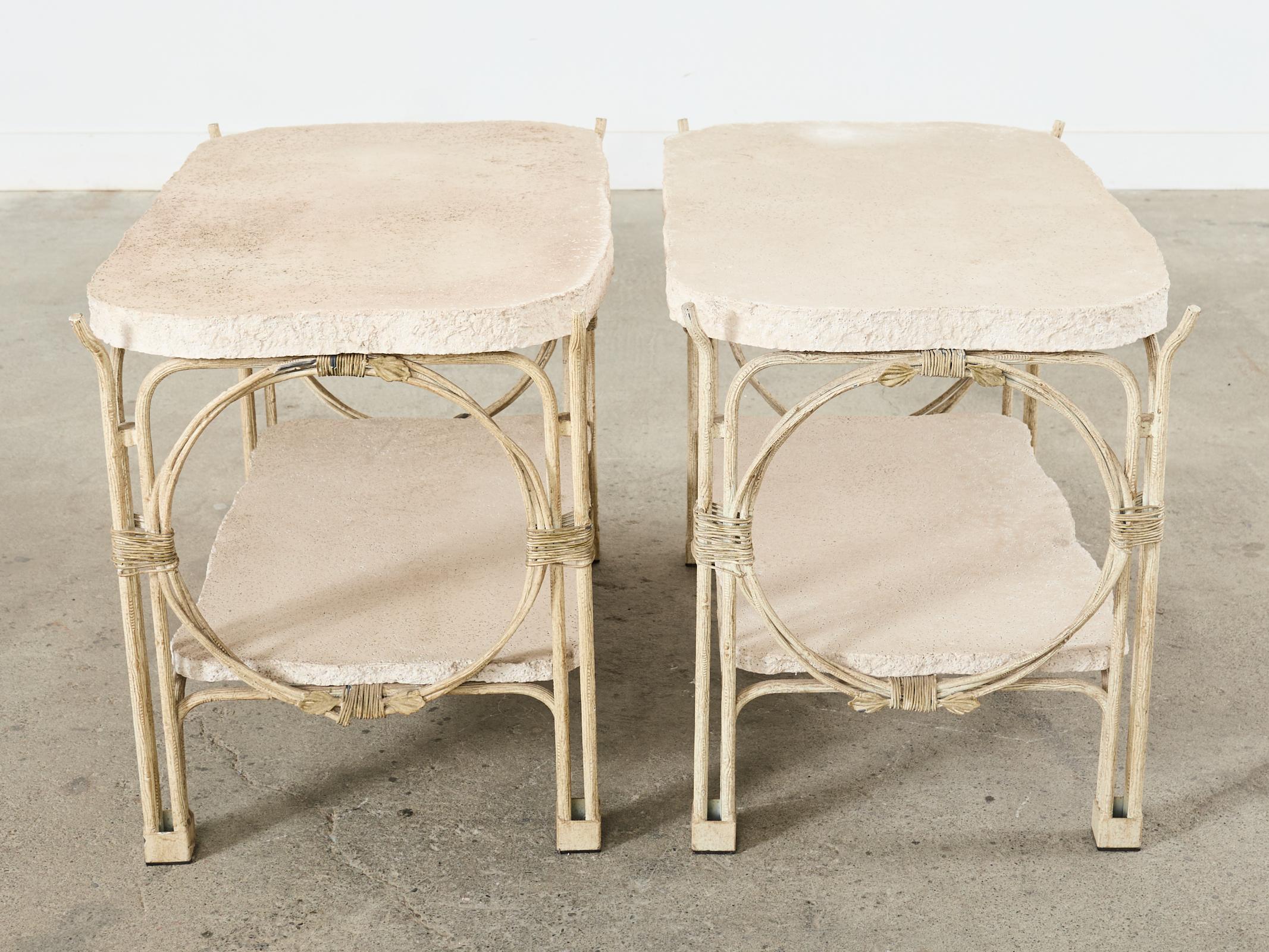 Pair of Rose Tarlow Style Iron Twig Stone Garden Tables In Good Condition In Rio Vista, CA