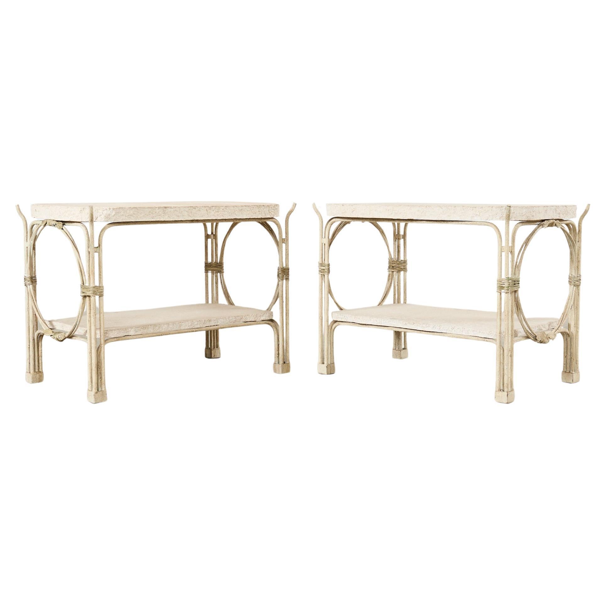 Pair of Rose Tarlow Style Iron Twig Stone Garden Tables For Sale