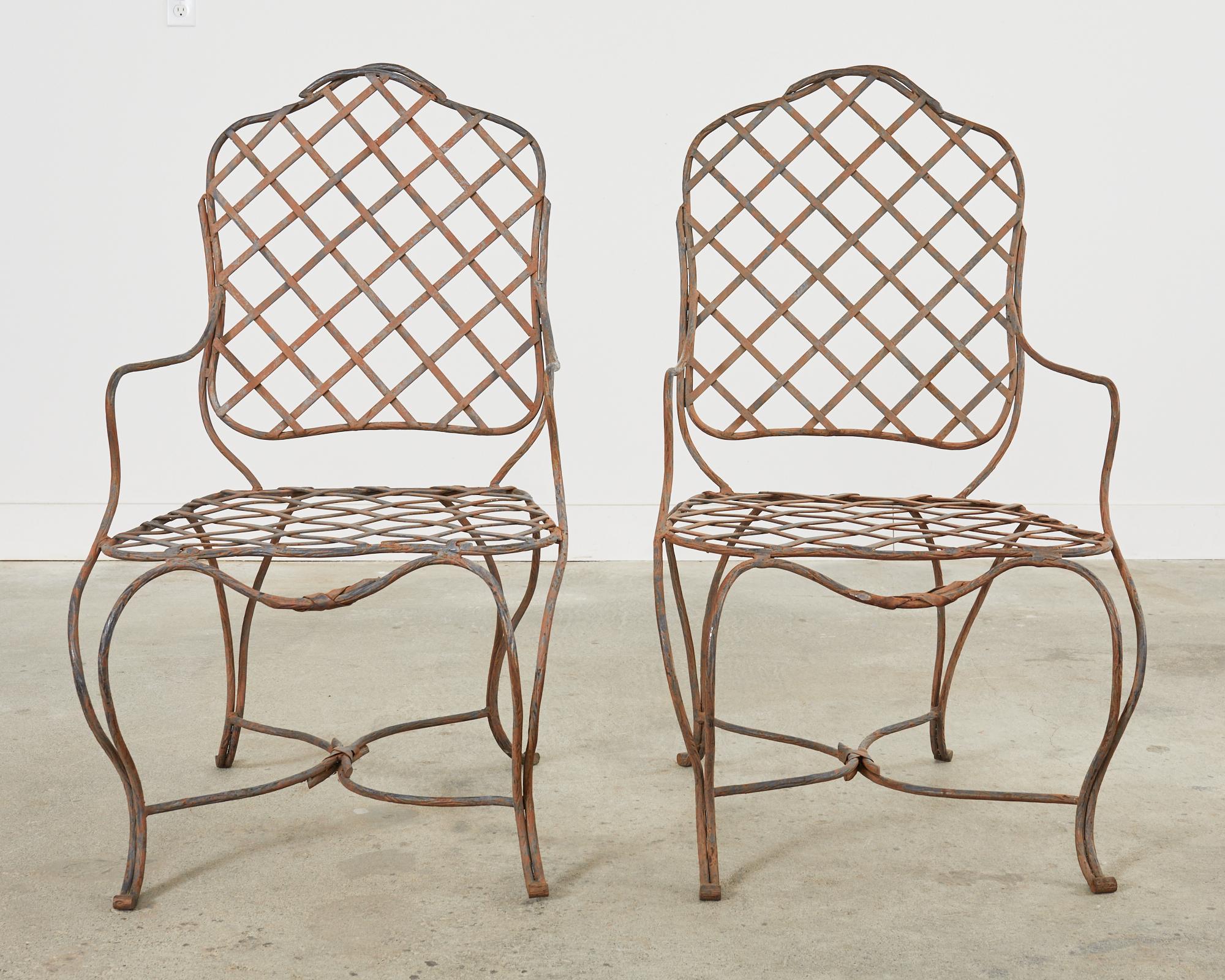 Pair of Rose Tarlow Style Twig Iron Dining Armchairs with Ottoman In Distressed Condition For Sale In Rio Vista, CA