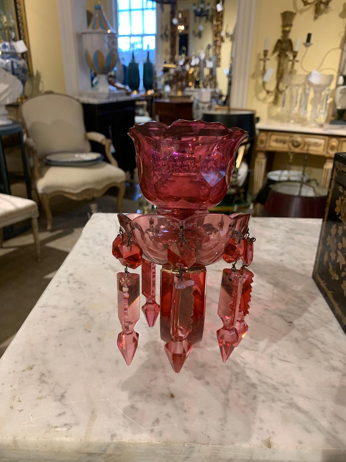 Early 19th Century Pair of Rose Tinted Glass One-Arm Sconces with Prisms, circa 1800