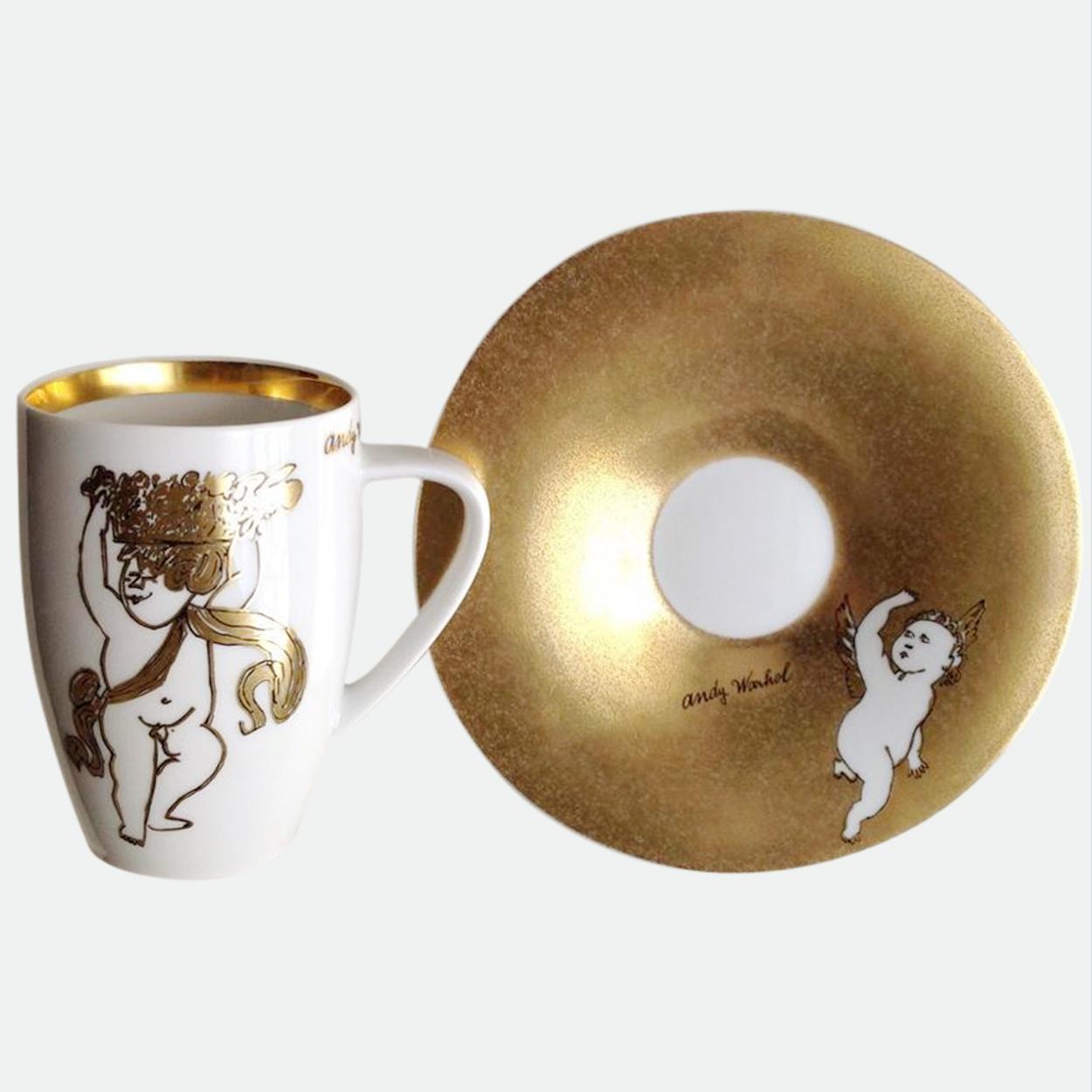 Ein Paar Rosenthal Andy Warhol „Goldene Engel“ Latte Macchiato-Tasse/ Untertasse mit Untertasse, 1980 (Deutsch) im Angebot