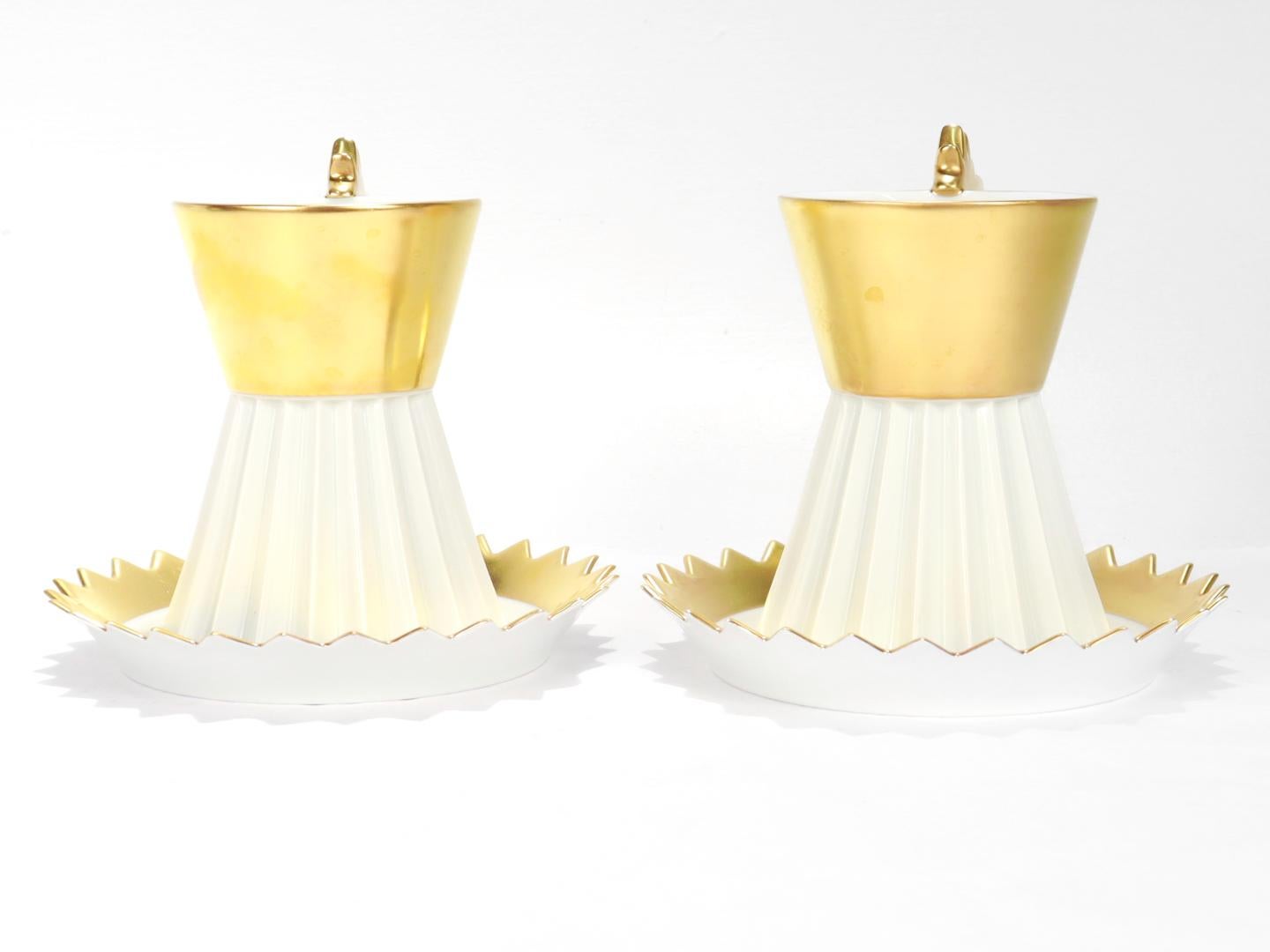 German Pair of Rosenthal Studio Linie Gilt Porcelain No. 23 Cup & Saucers by Otto Piene For Sale