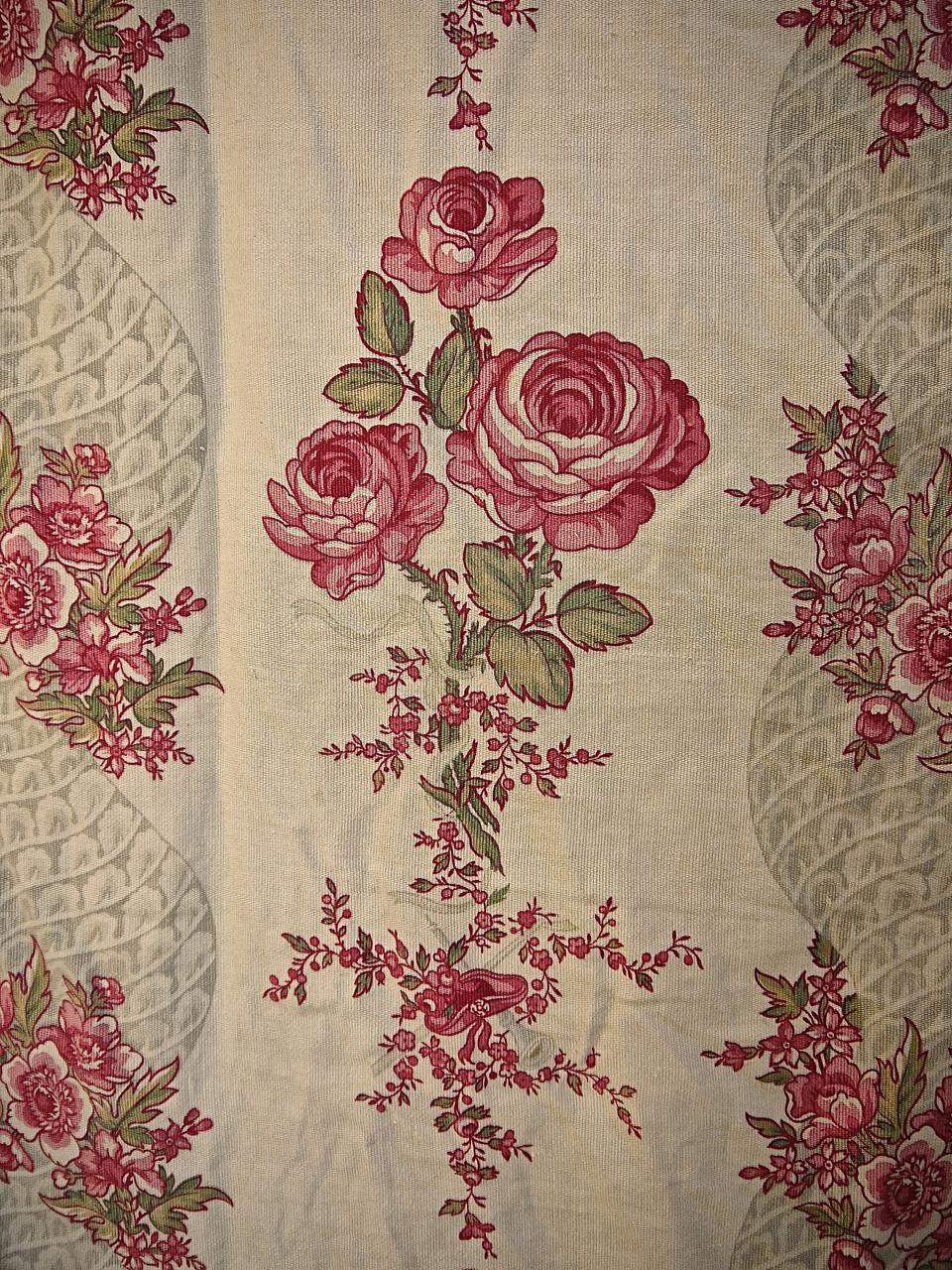 French Provincial Pair of Roses and Columns Cotton Curtains French, Late 19th Century