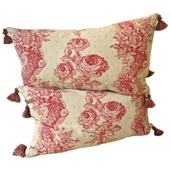 Pair of Roses and Columns Cotton Pillows, French, 19th Century