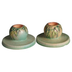 Pair of Roseville Art Pottery Candleholders With Moss Pattern C1936